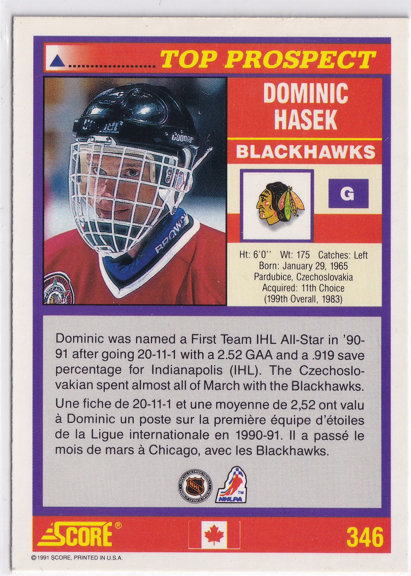 Dominik Hašek 1991 Score Top Prospect #346