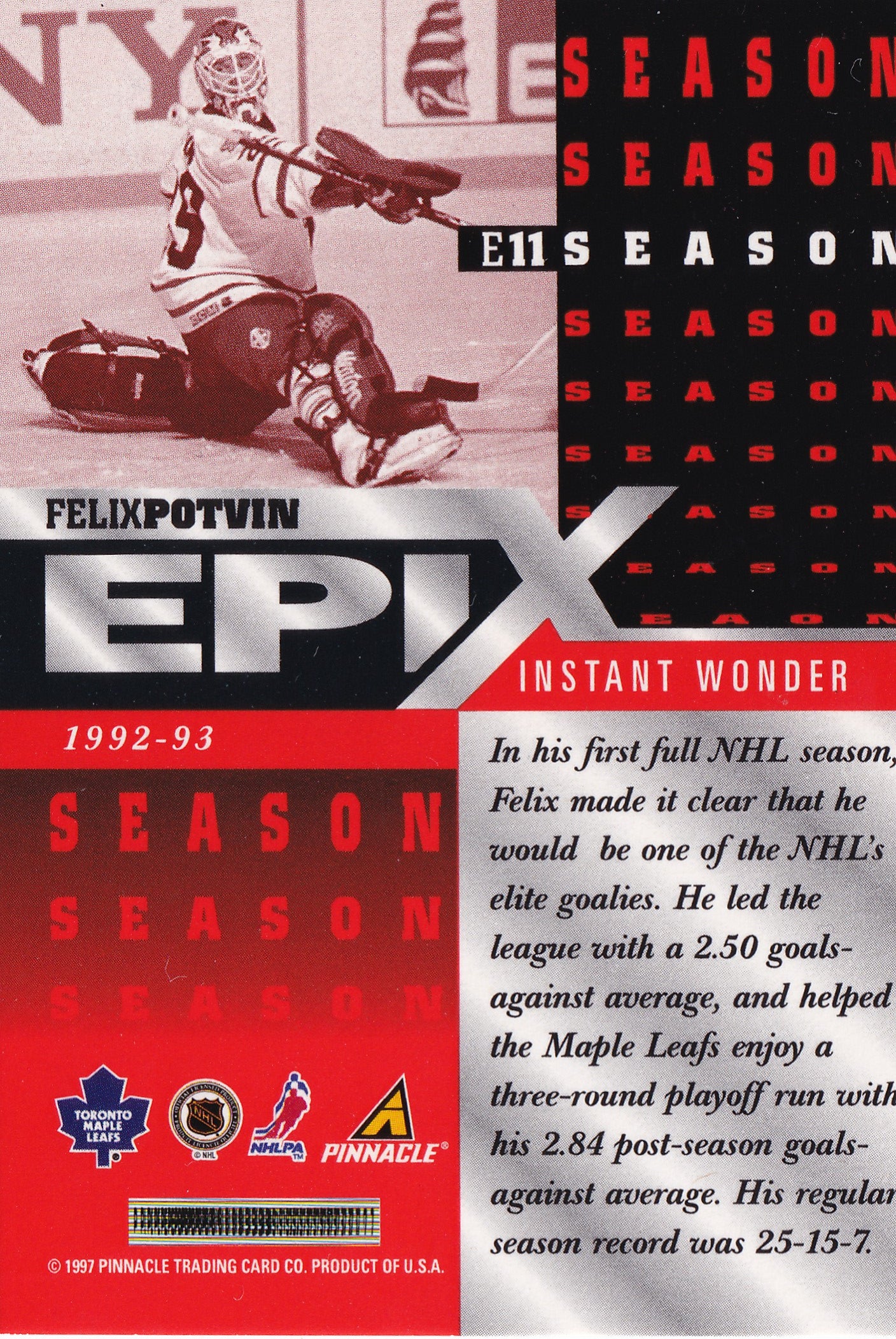 Felix Potvin 1997–98 Pinnacle Epix Orange Season #E11 – Toronto Maple Leafs