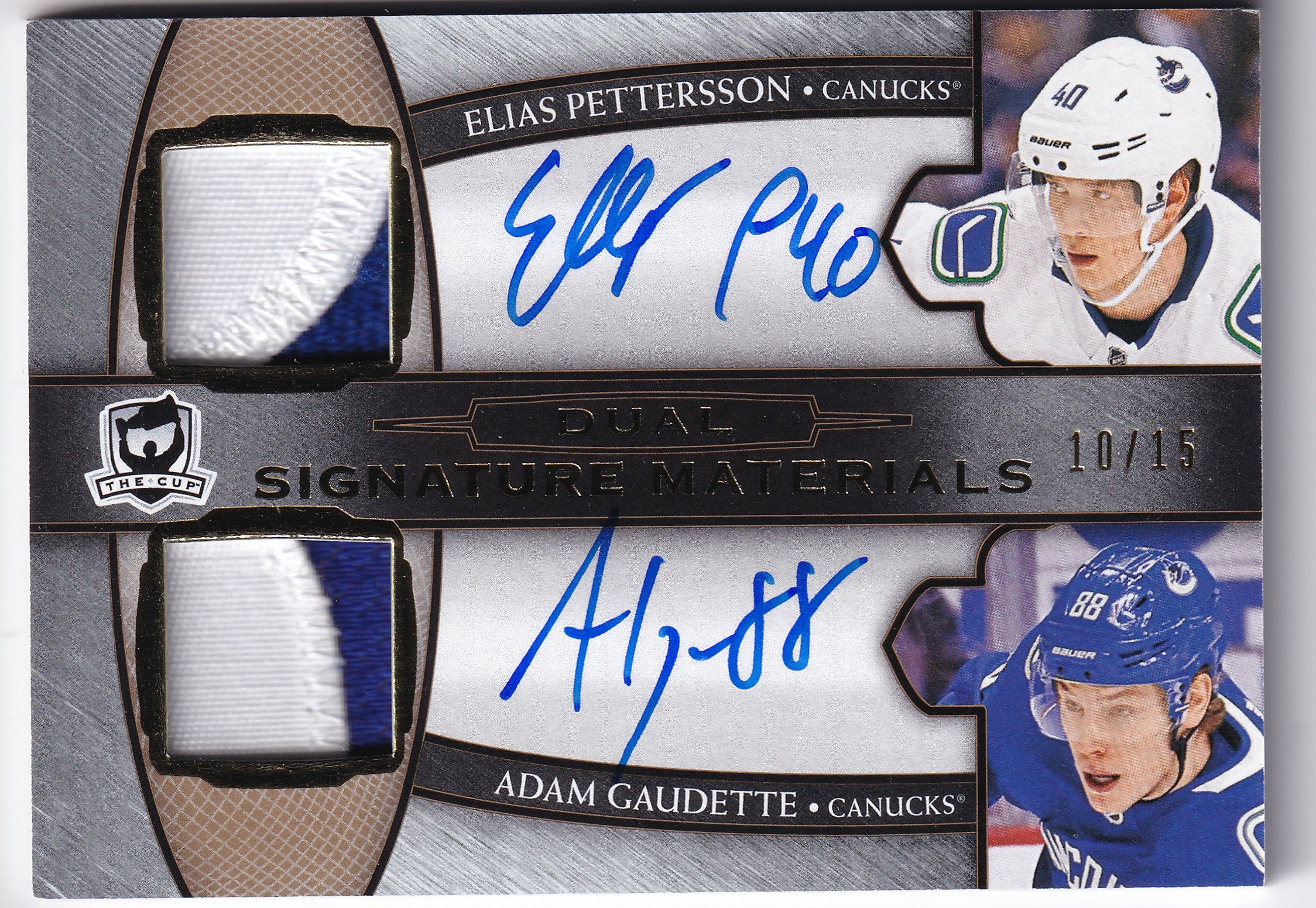 Elias Pettersson & Adam Gaudette 2018–19 The Cup Dual Signature Materials Auto Patch /15 #SP2-PG – 10/15