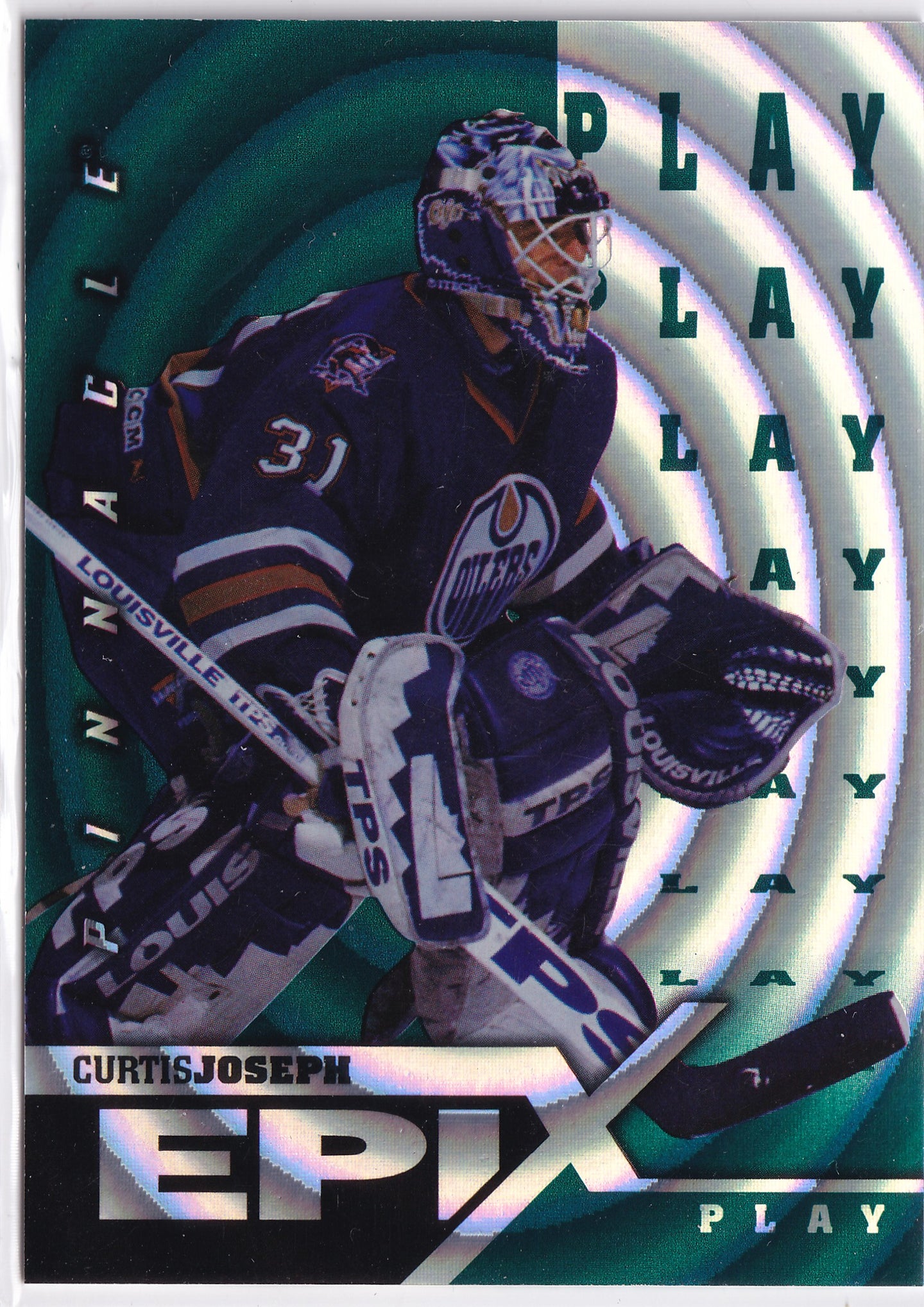 Curtis Joseph 1997–98 Pinnacle Epix Play Emerald #E17 – Edmonton Oilers