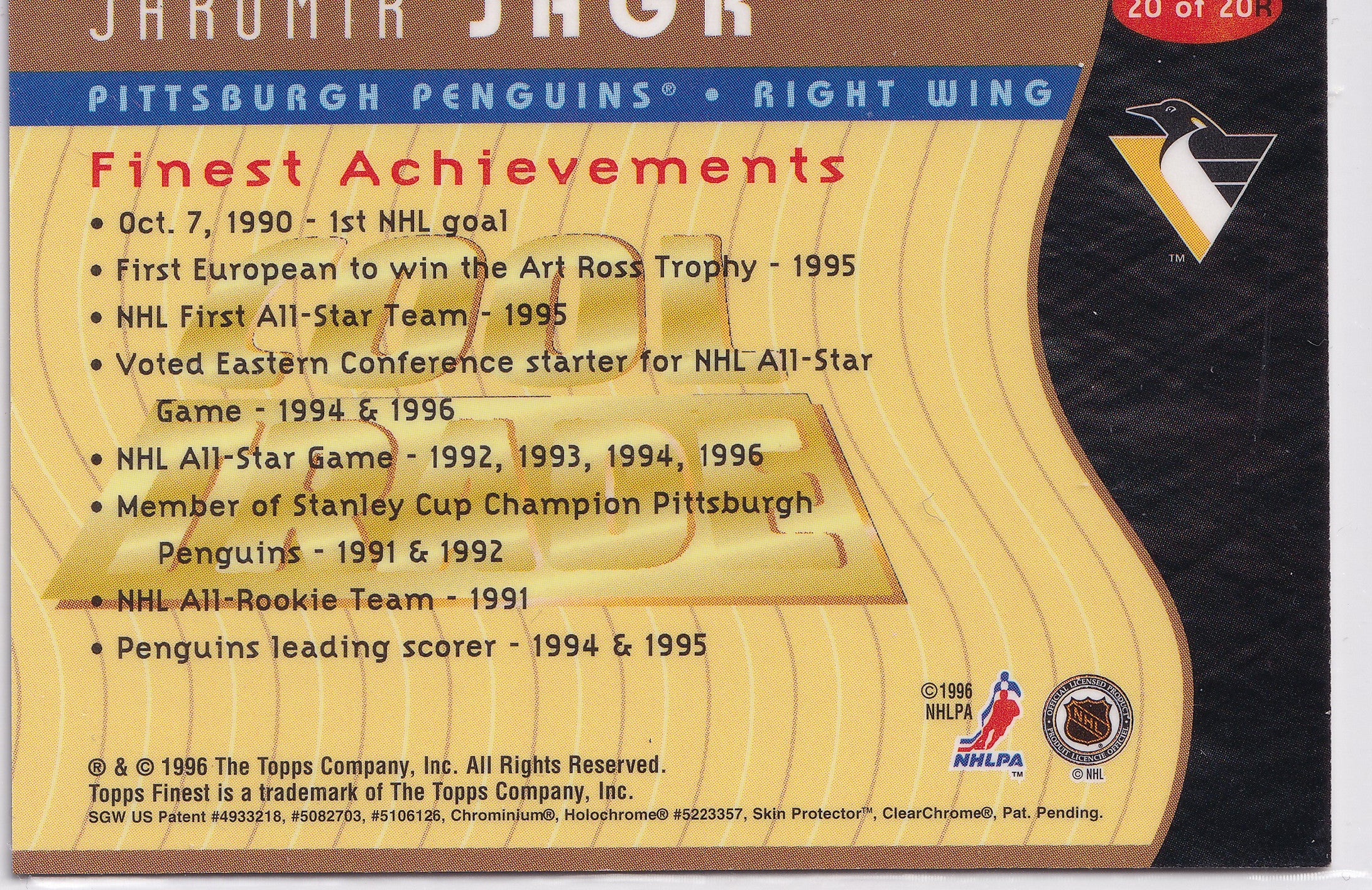 Jaromír Jágr 1996 Topps Finest Cool Trade #20