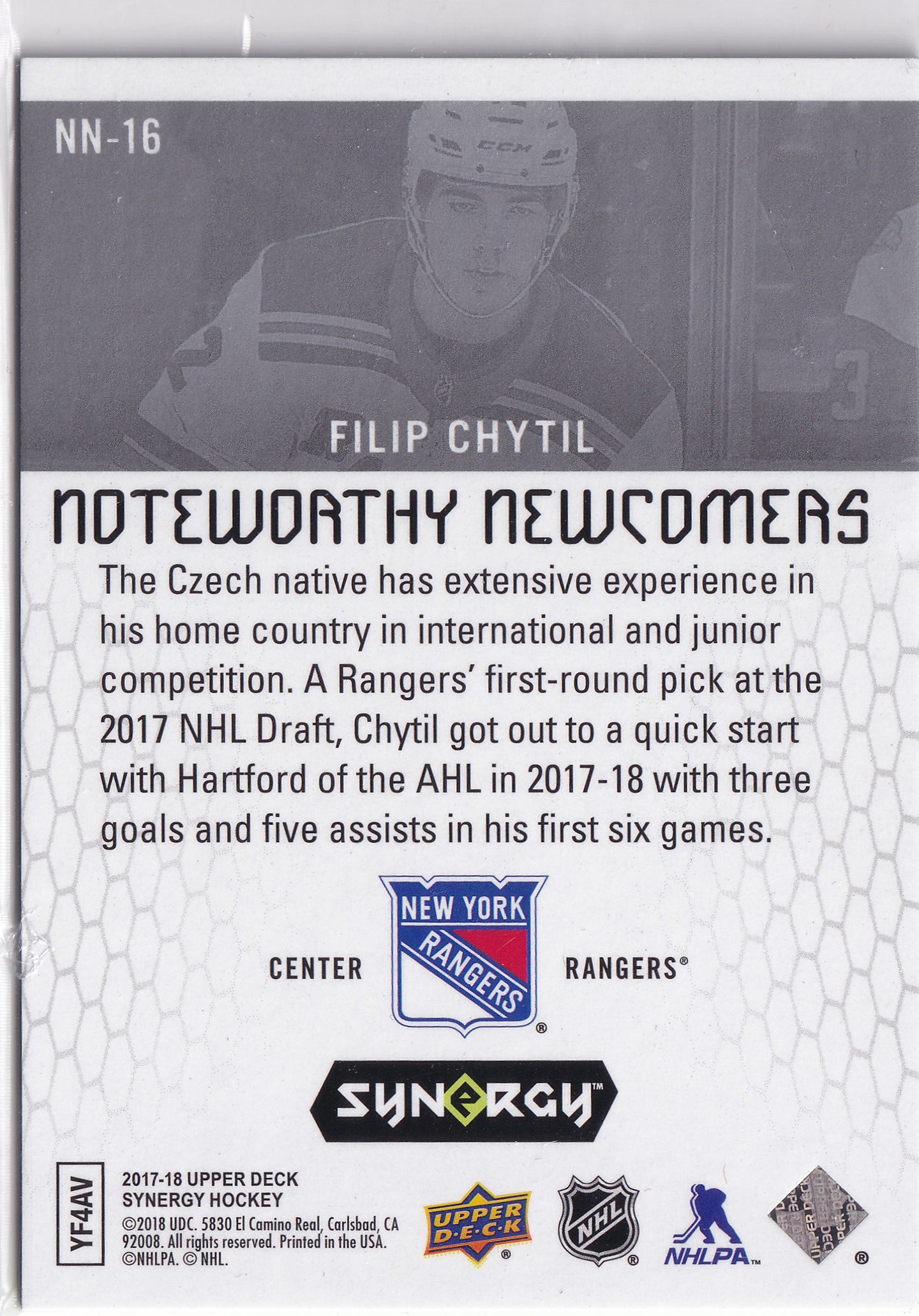 2017-18 Upper Deck Synergy Noteworthy Newcomers #NN-16 Filip Chytil RC