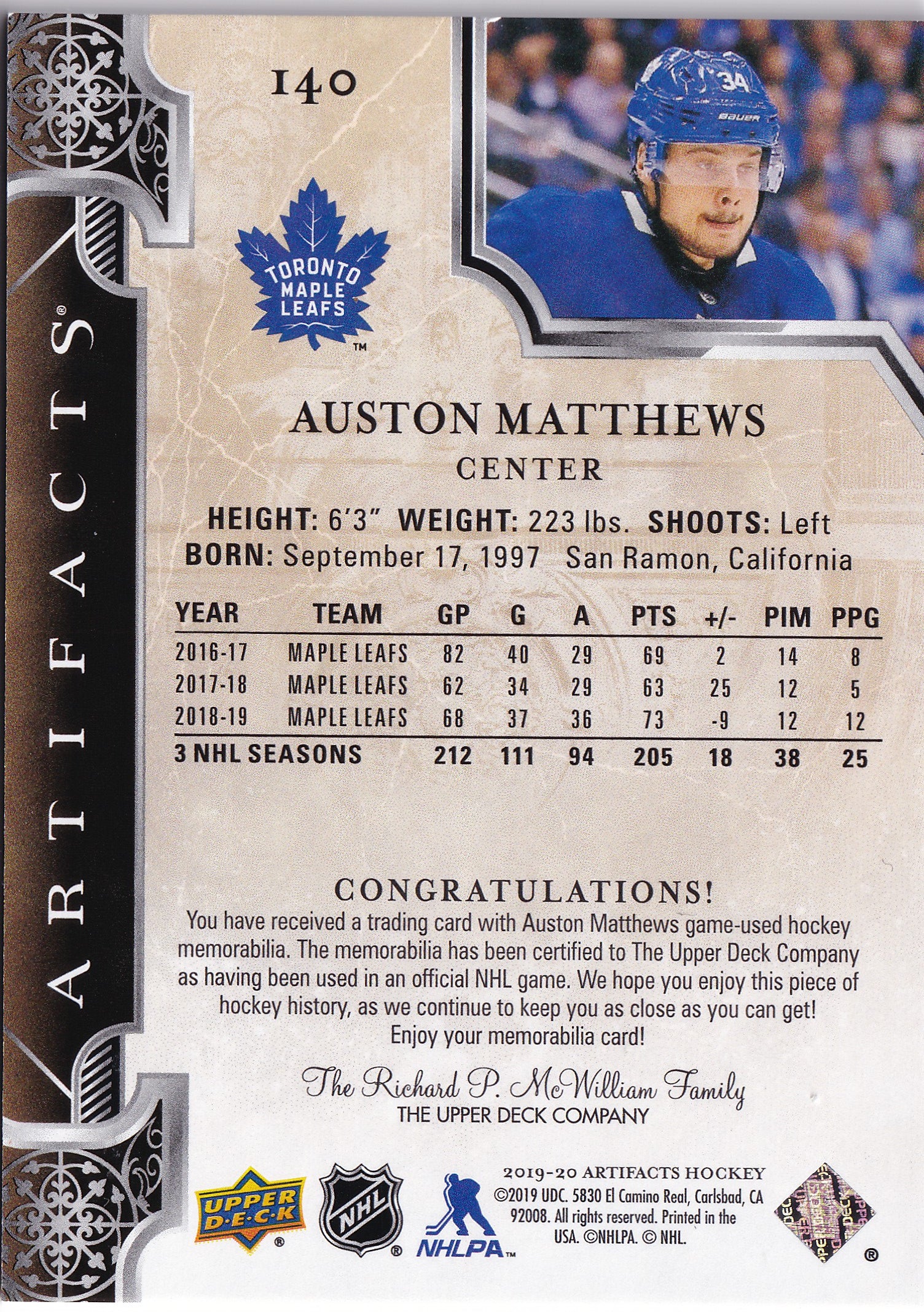 2019-20 Upper Deck Artifacts #140 Auston Matthews Gold Material Dual Jersey /125