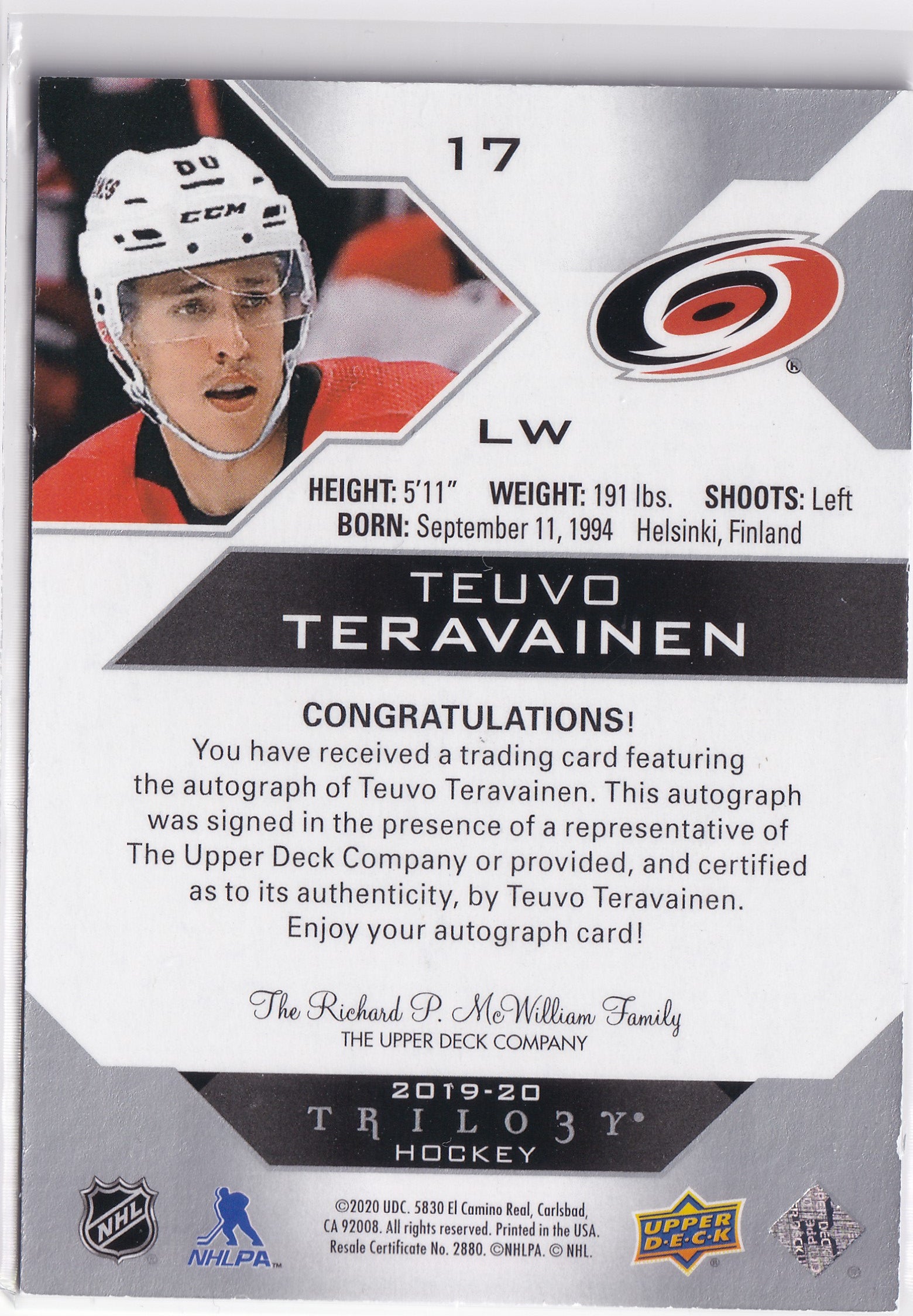 2019-20 Upper Deck Trilogy #17 Teuvo Teräväinen Silver Foil Auto