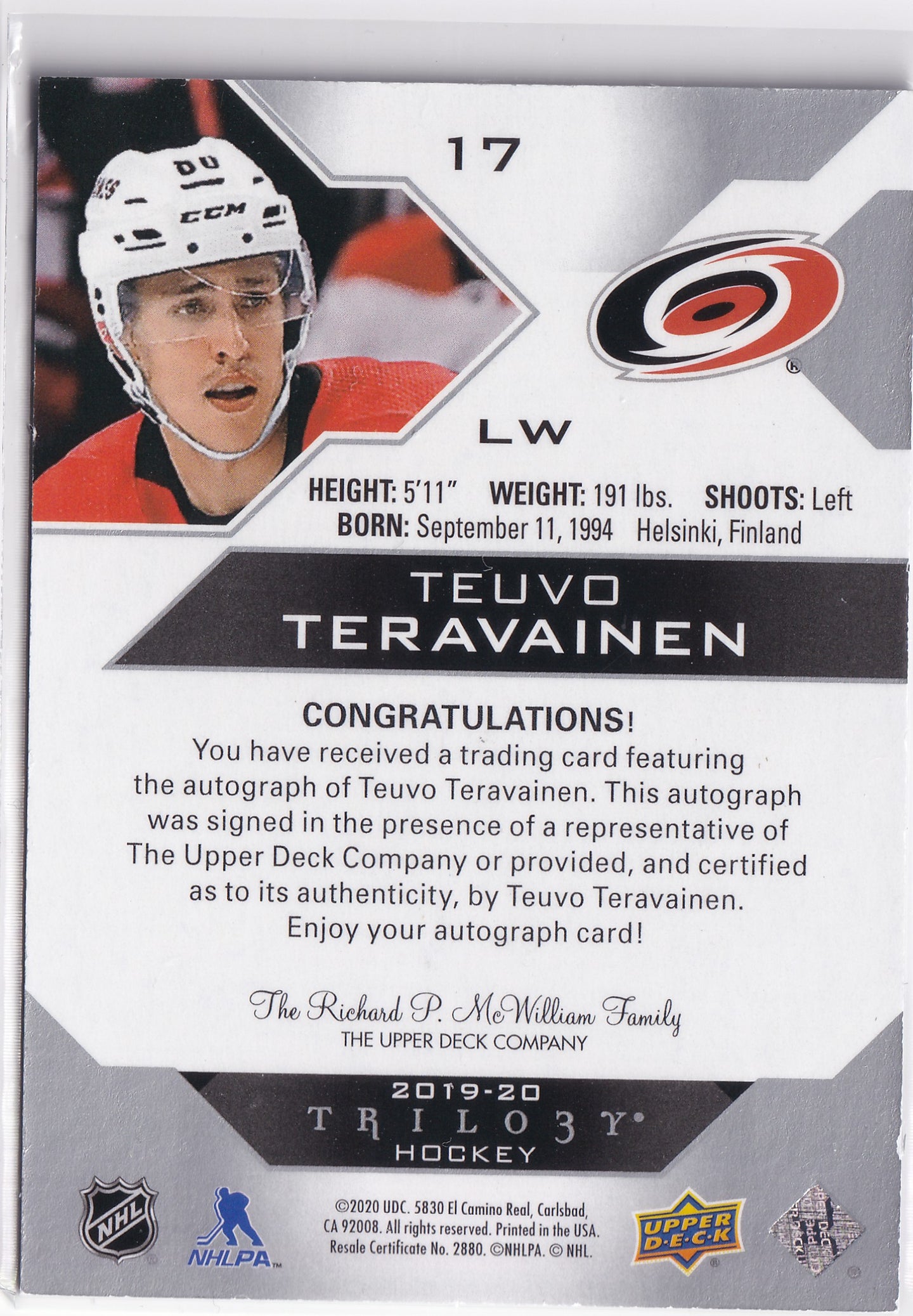2019-20 Upper Deck Trilogy #17 Teuvo Teräväinen Silver Foil Auto