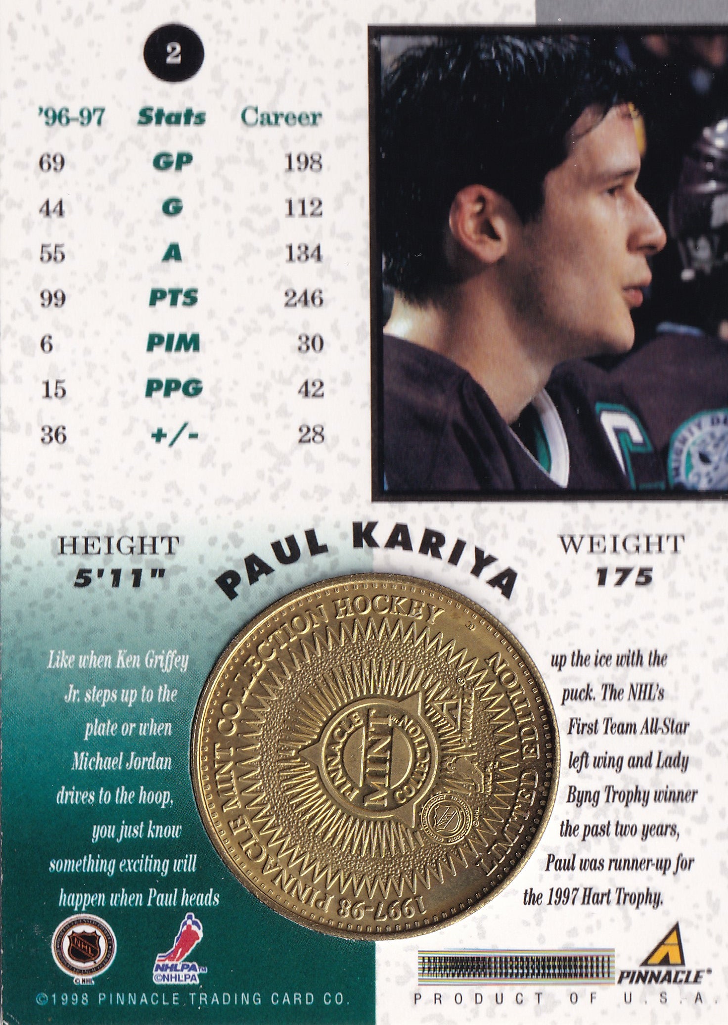 1997-98 Pinnacle Mint Collection #2 Paul Kariya – karta s mosazným medailonem