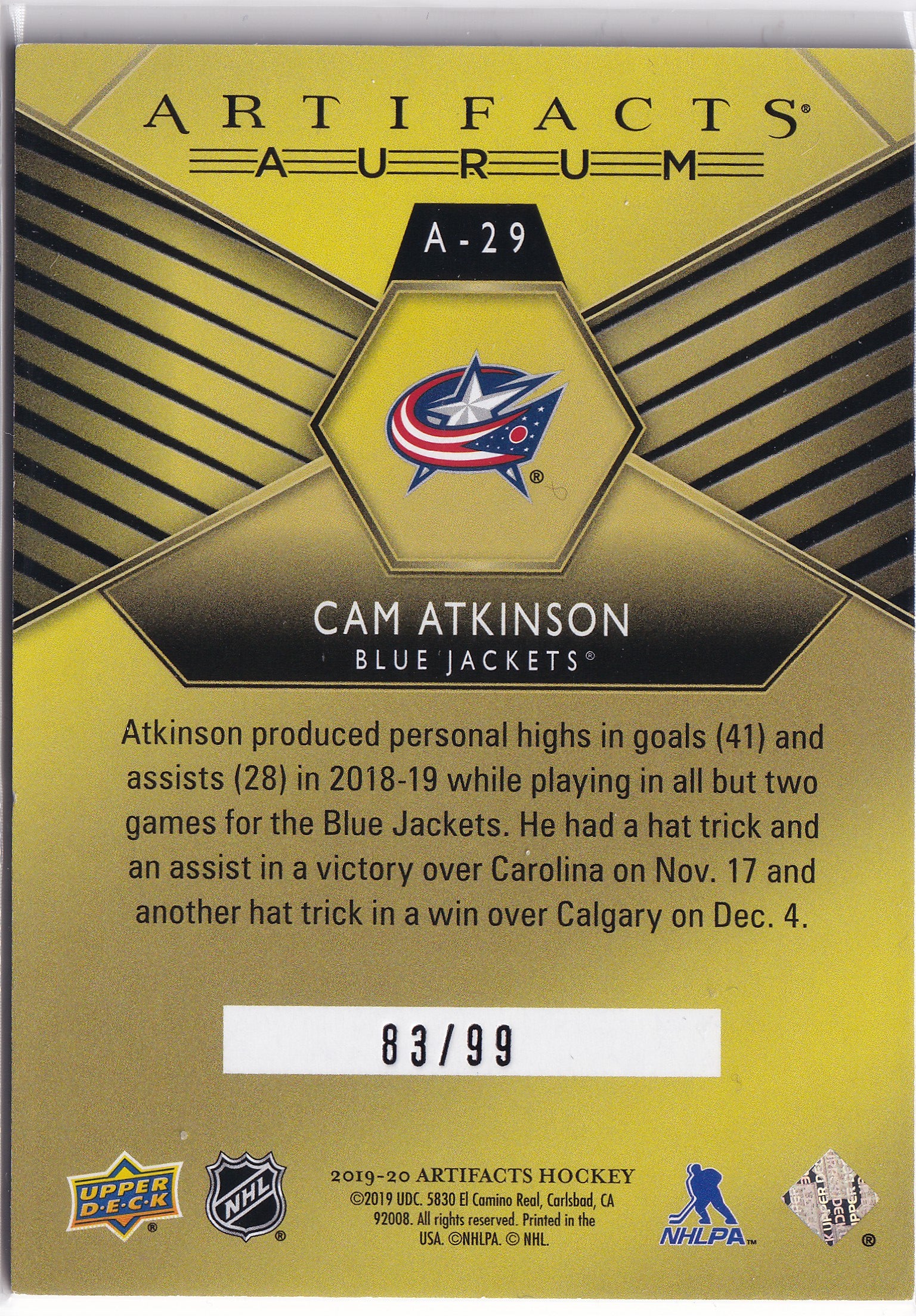 2019-20 Upper Deck Artifacts Aurum Red #A-29 Cam Atkinson /99