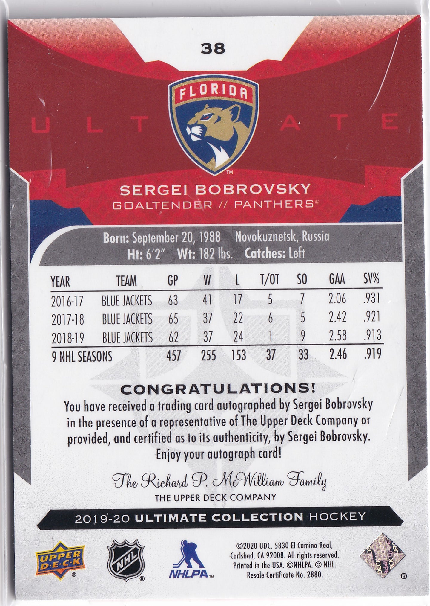 2019-20 Upper Deck Ultimate Collection #38 Sergei Bobrovsky Auto