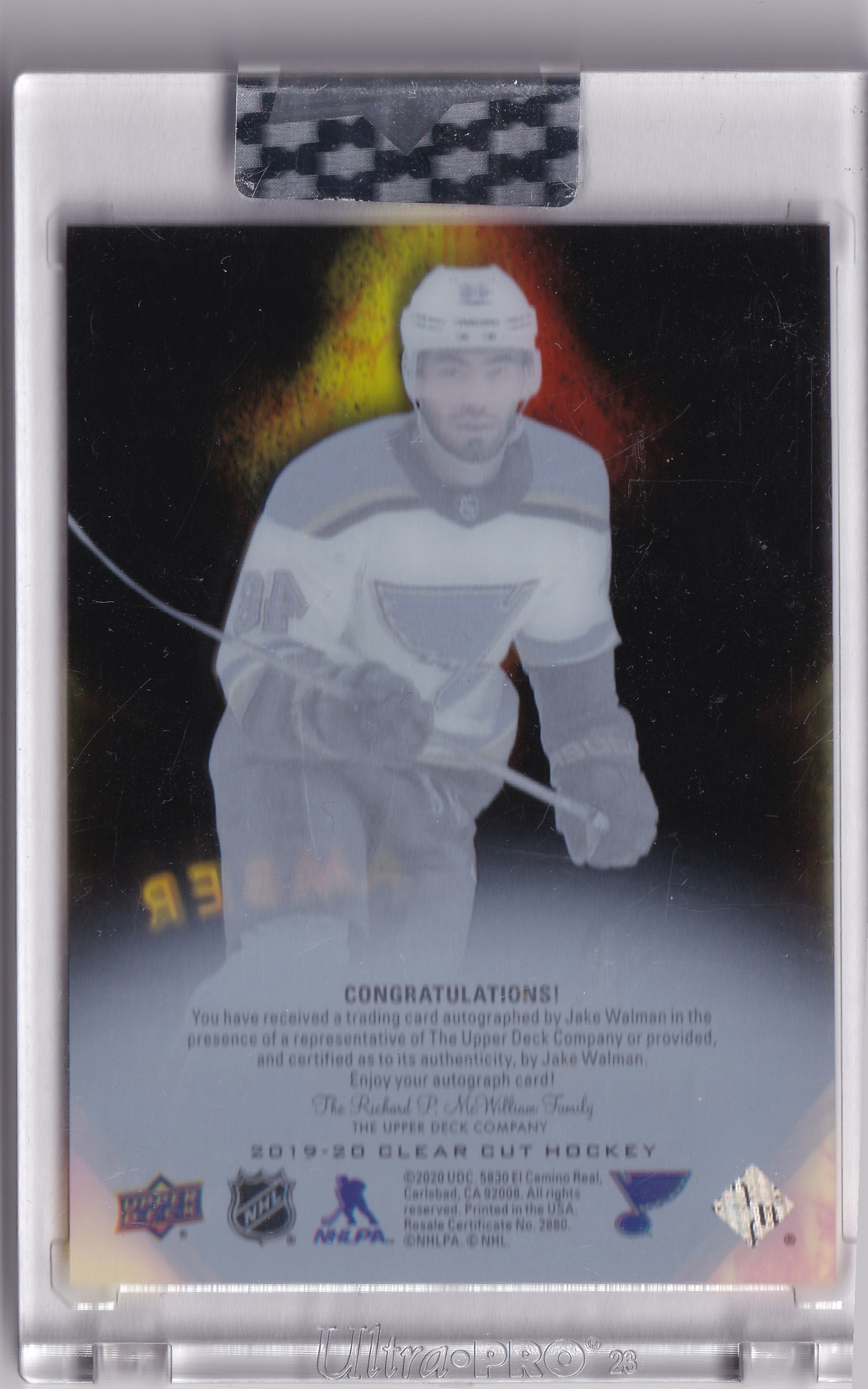 2019-20 Upper Deck Clear Cut Jake Walman Black Amber Rookie Auto HHH-JW