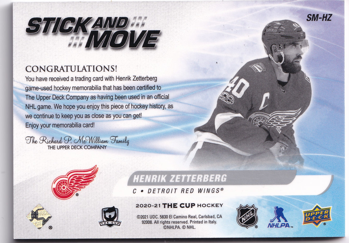 Henrik Zetterberg 2020-21 Upper Deck The Cup Stick and Move Game-Used Stick /50 #SM-HZ – 08/50