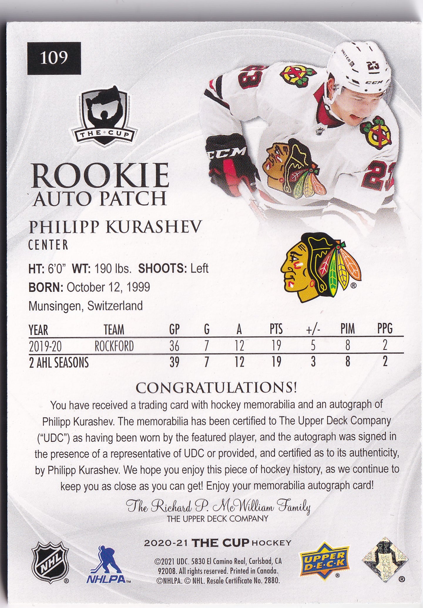 Philipp Kurashev 2020-21 Upper Deck The Cup Rookie Auto Patch /249 #109 – 051/249