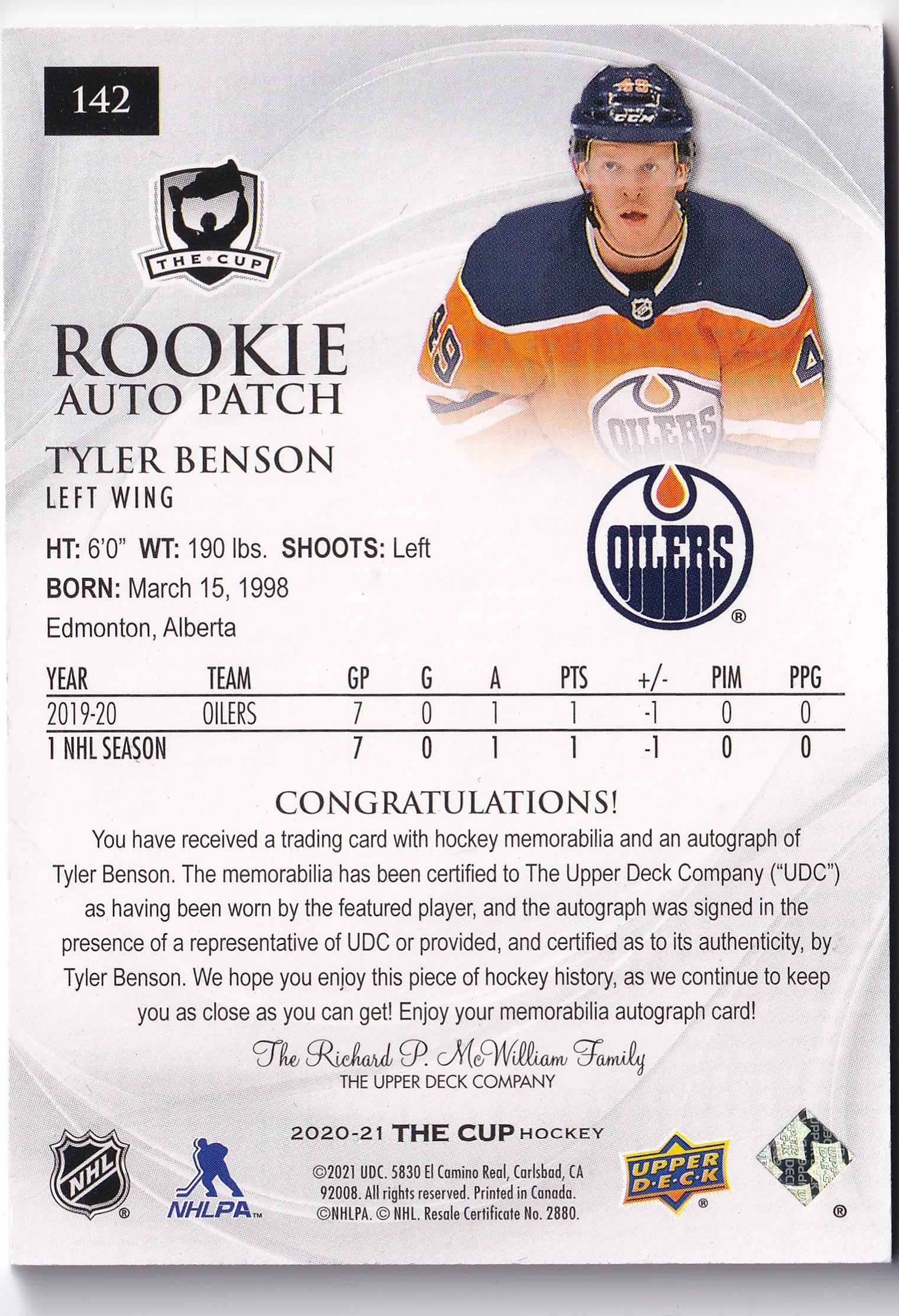 Tyler Benson 2020-21 Upper Deck The Cup Rookie Auto Patch /249 #142 – 111/249