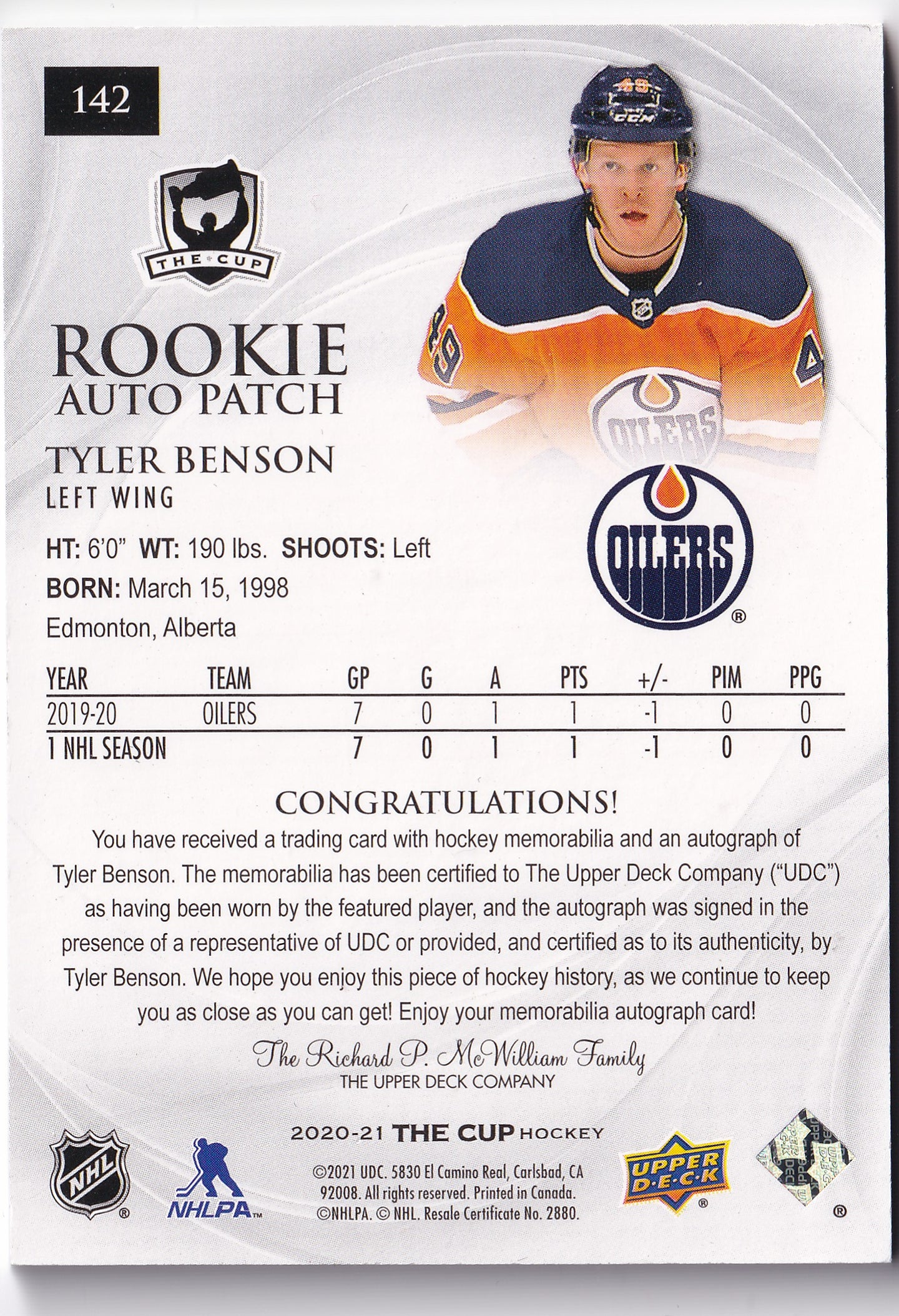 Tyler Benson 2020-21 Upper Deck The Cup Rookie Auto Patch /249 #142 – 111/249