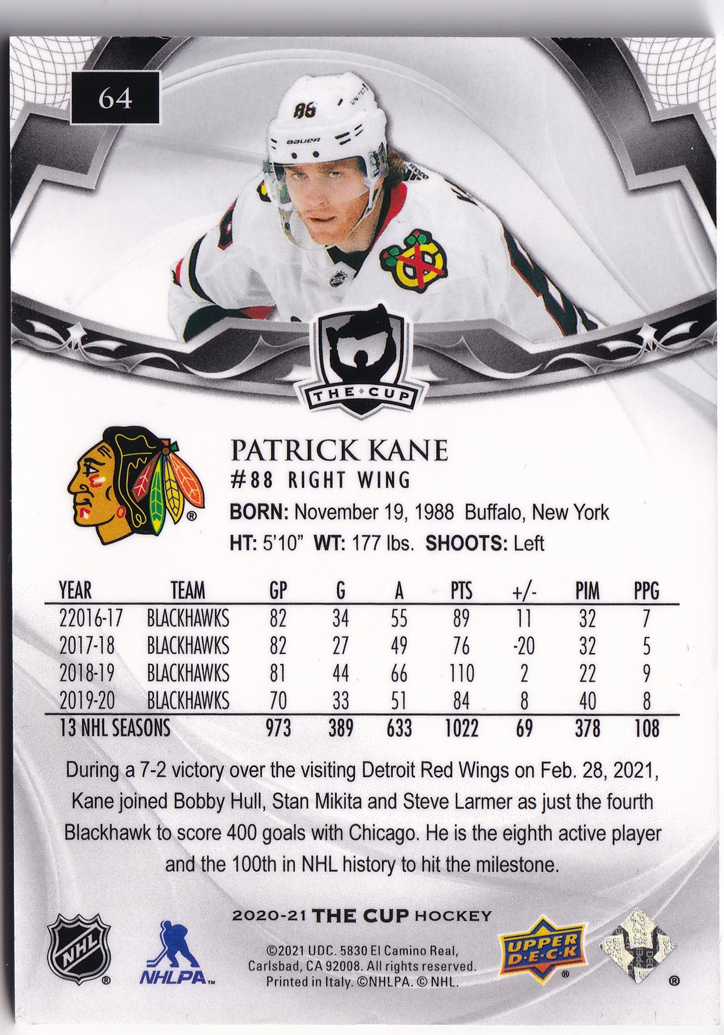 Patrick Kane 2020-21 Upper Deck The Cup /249 #64 – 169/249