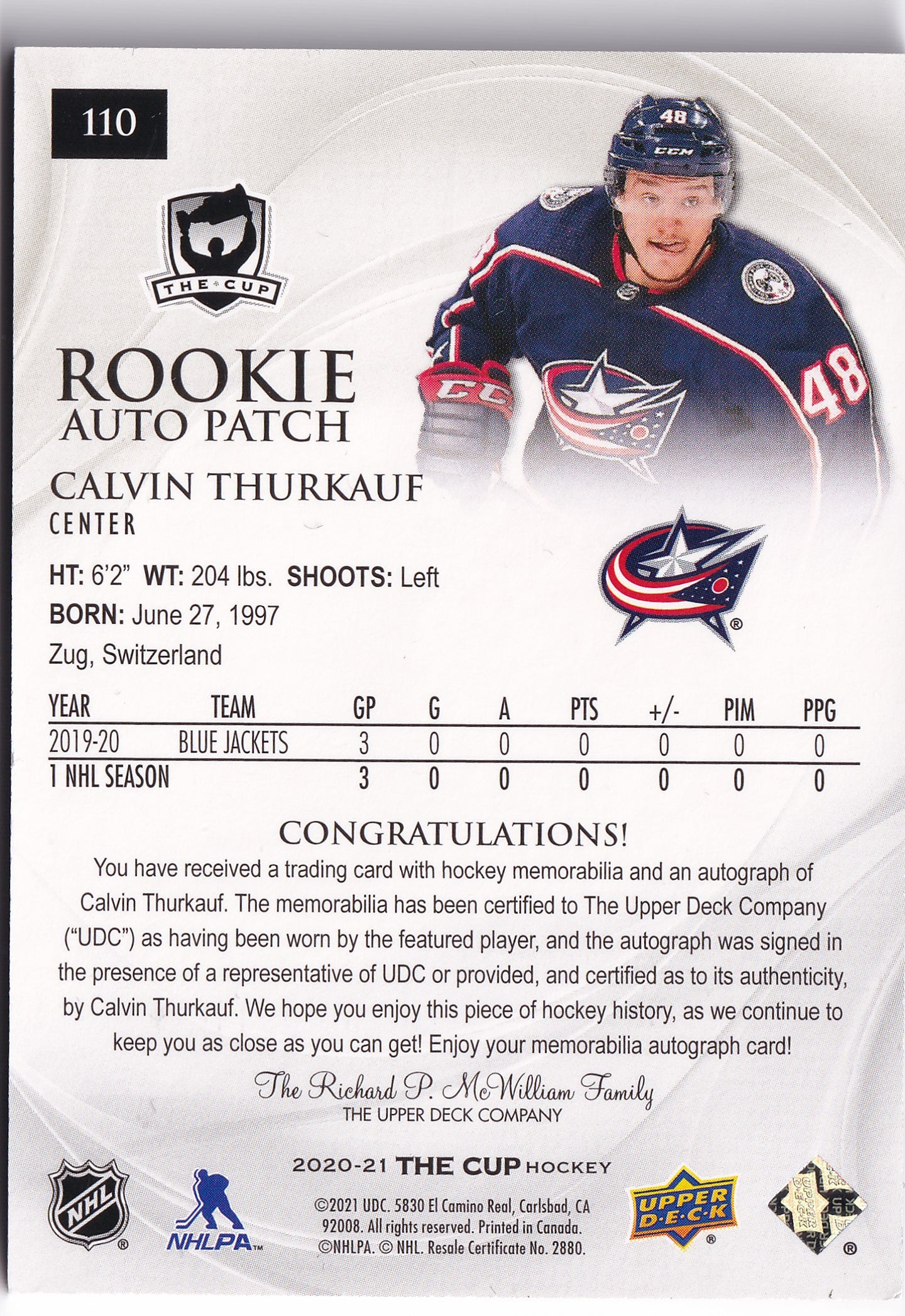 Calvin Thurkauf 2020-21 Upper Deck The Cup Gold Foil Rookie Auto Patch /24 #110 – 17/24