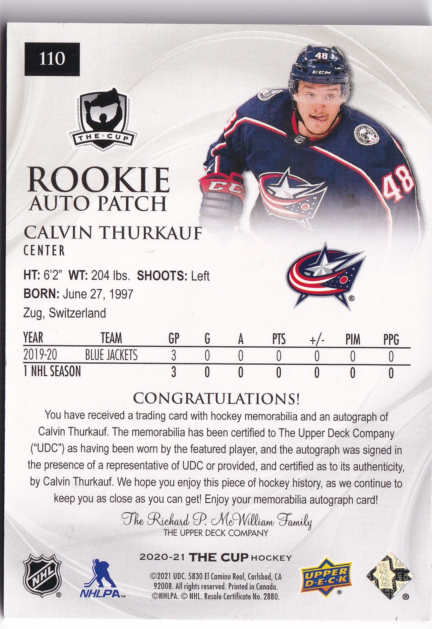 Calvin Thurkauf 2020-21 Upper Deck The Cup Gold Foil Rookie Auto Patch /24 #110 – 17/24