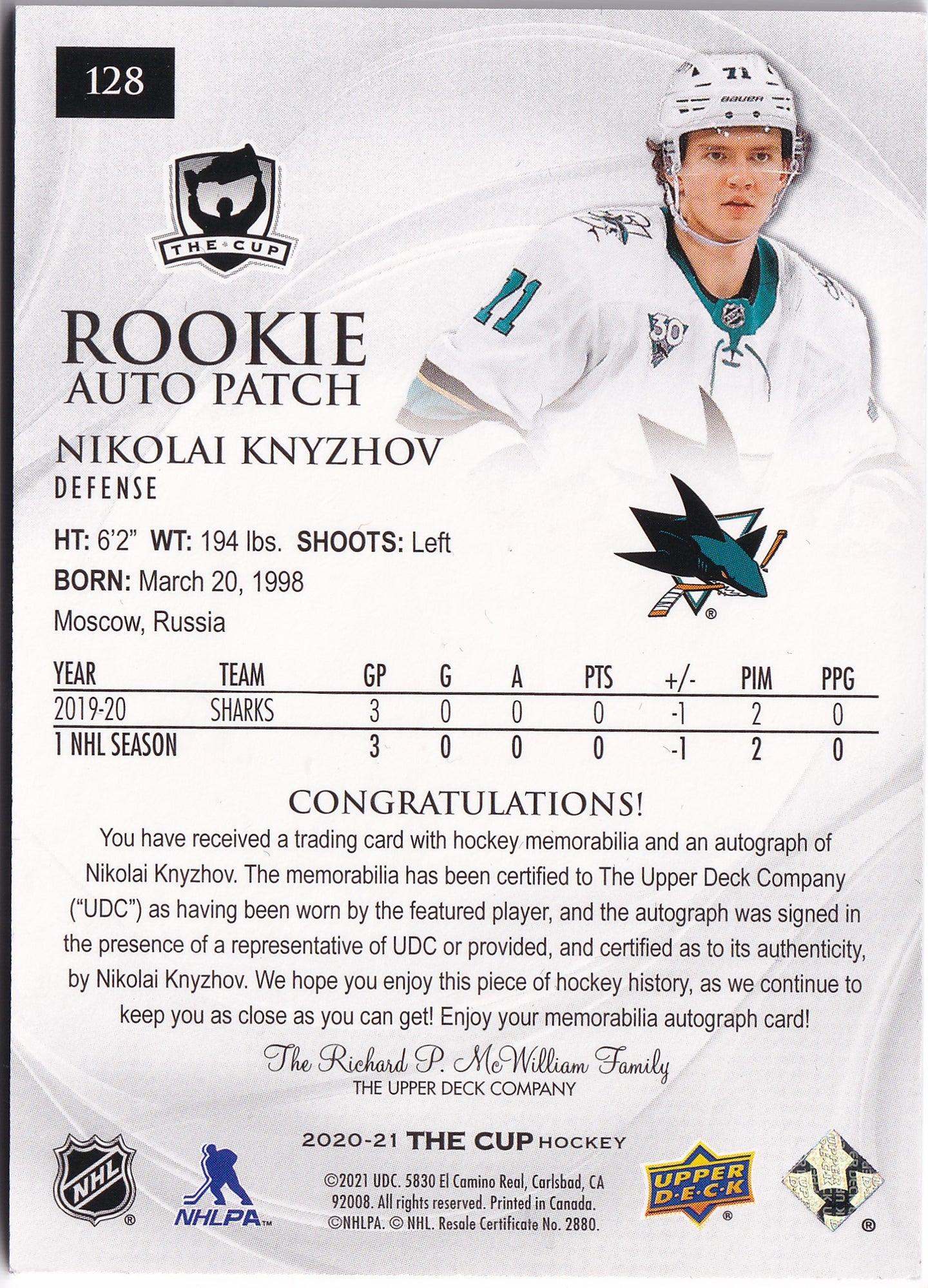 Nikolai Knyzhov 2020-21 Upper Deck The Cup Rookie Auto Patch /249 #128 – 169/249