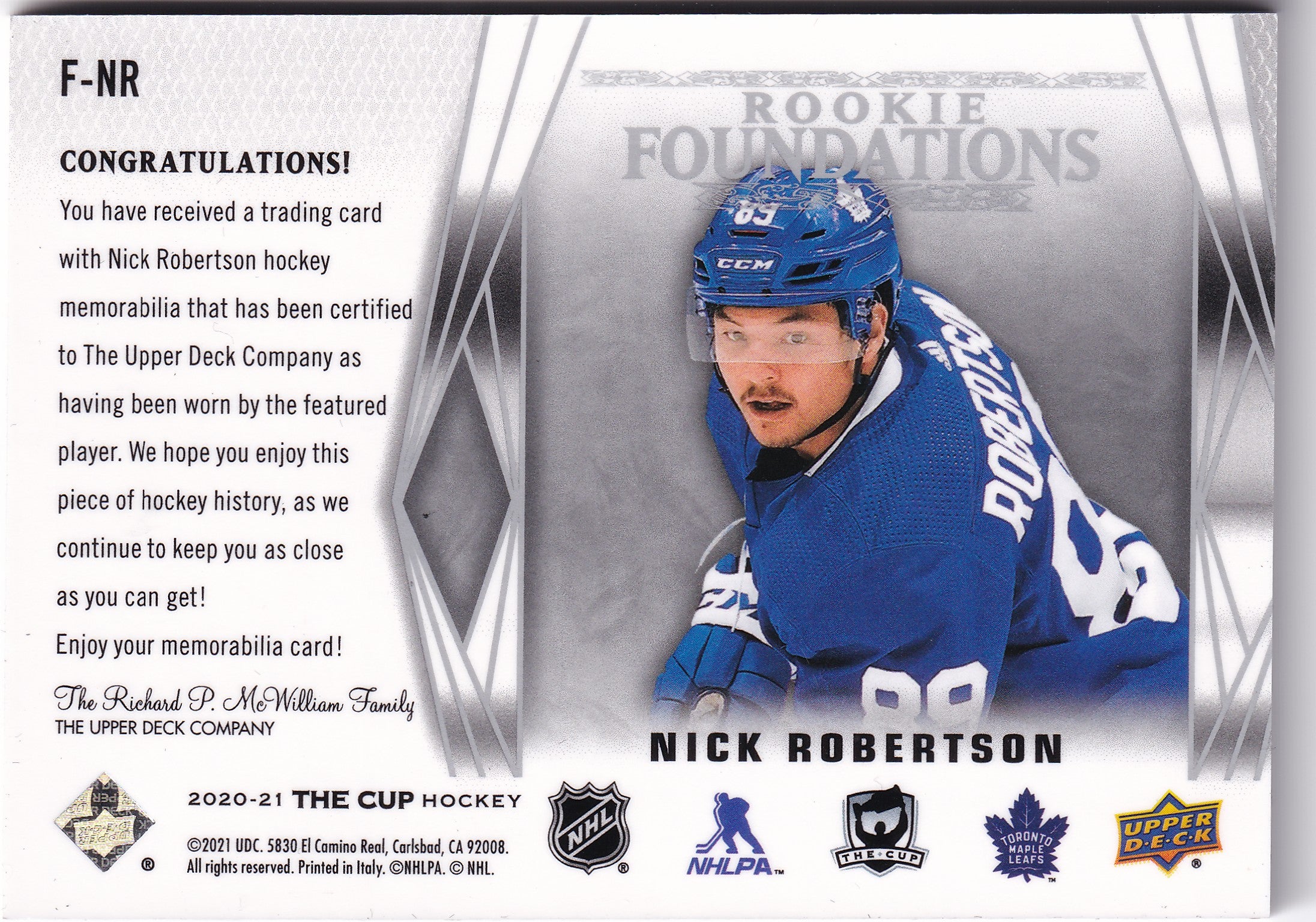 Nick Robertson 2020-21 Upper Deck The Cup Rookie Foundations Quad Jersey /99 #F-NR – 66/99