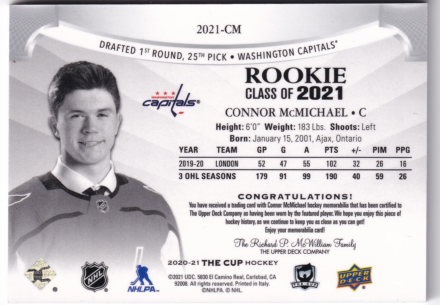 Connor McMichael 2020-21 Upper Deck The Cup Rookie Class of 2021 Patch /49 #2021-CM – 27/49