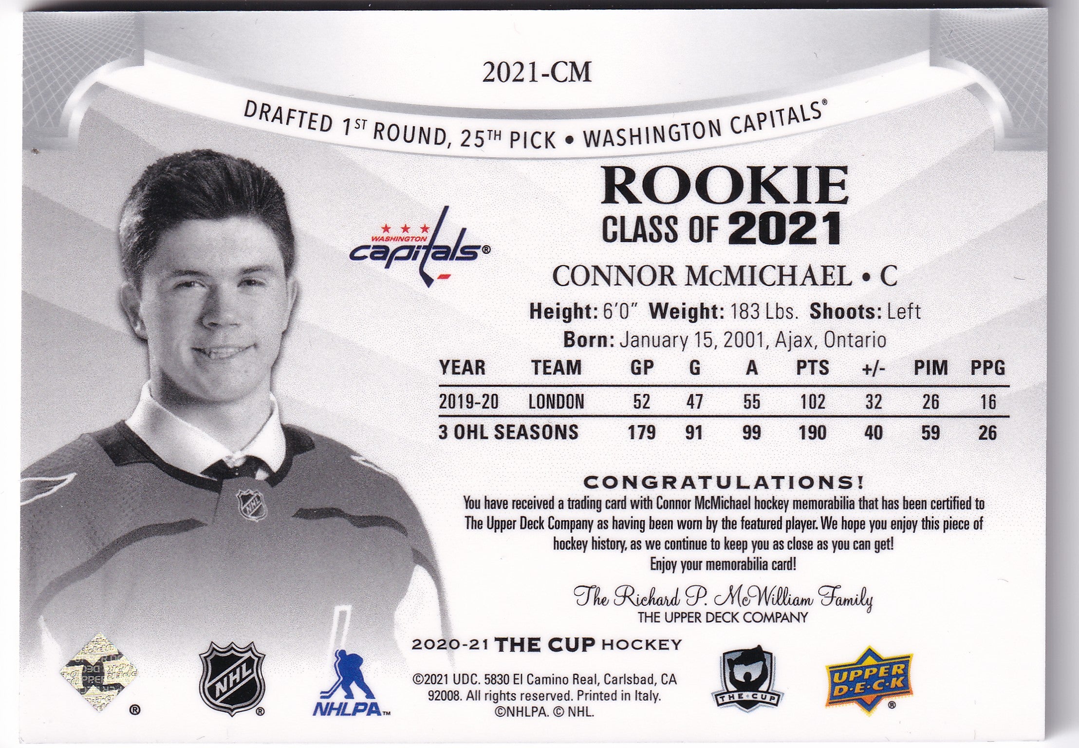 Connor McMichael 2020-21 Upper Deck The Cup Rookie Class of 2021 Patch /49 #2021-CM – 27/49