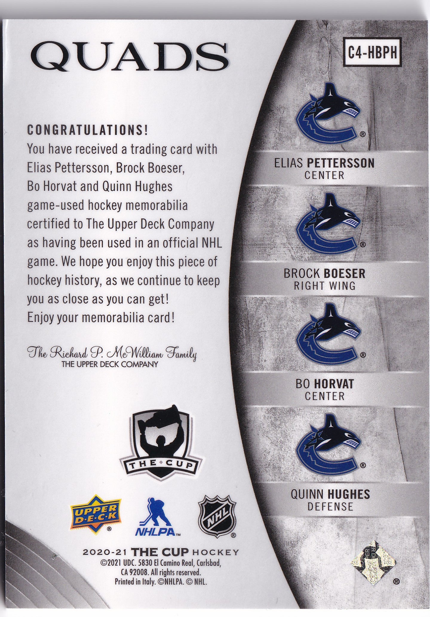 Elias Pettersson, Brock Boeser, Bo Horvat & Quinn Hughes 2020-21 Upper Deck The Cup Quads Jerseys /25 #C4-HBPH – 24/25