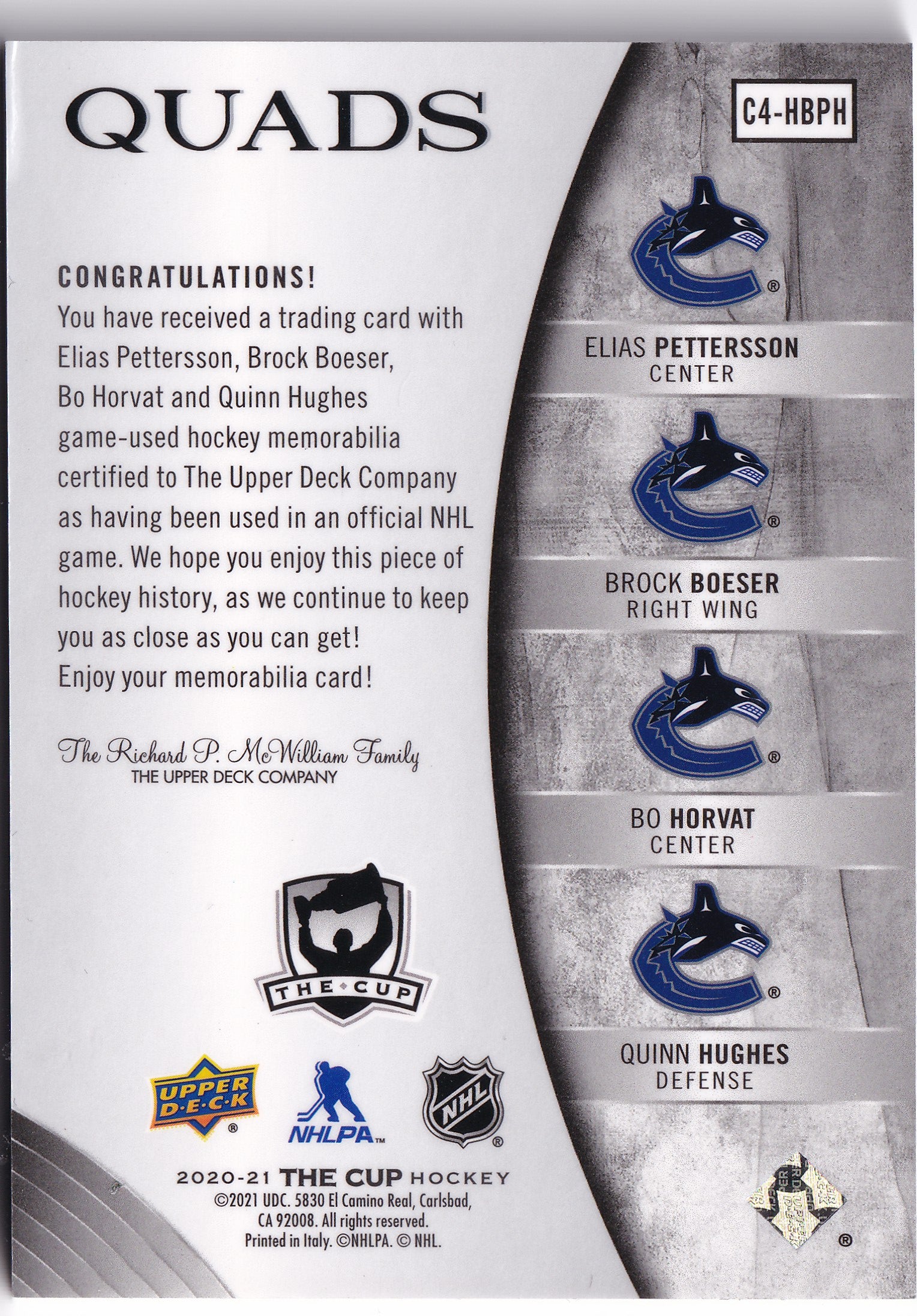 Elias Pettersson, Brock Boeser, Bo Horvat & Quinn Hughes 2020-21 Upper Deck The Cup Quads Jerseys /25 #C4-HBPH – 24/25