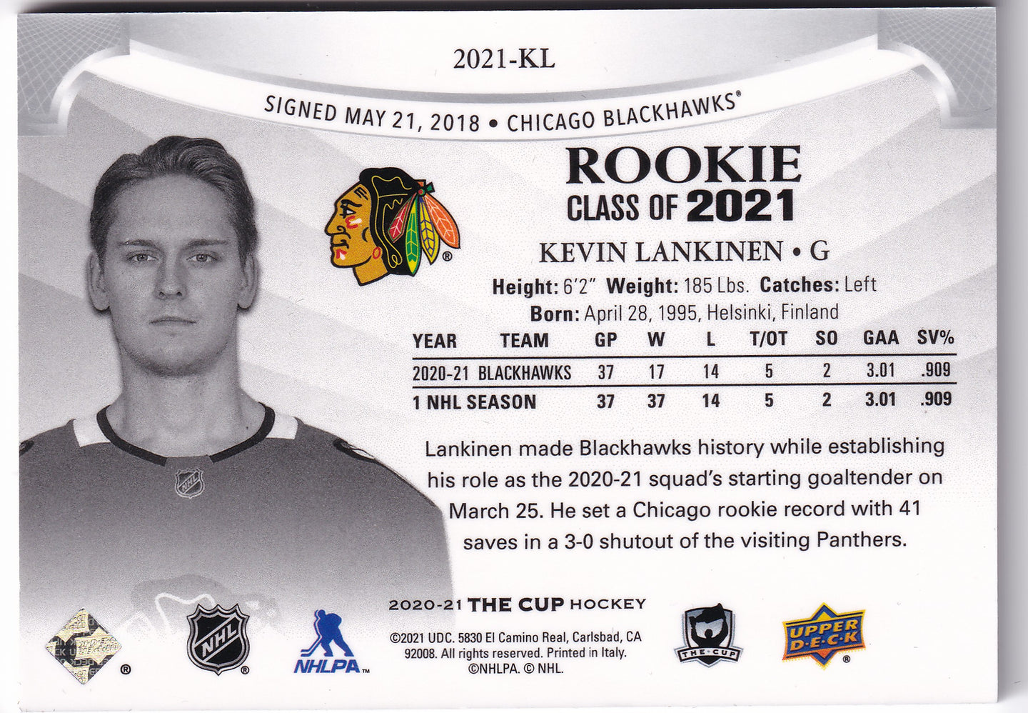 Kevin Lankinen 2020-21 Upper Deck The Cup Rookie Class of 2021 /249 #2021-KL – 238/249