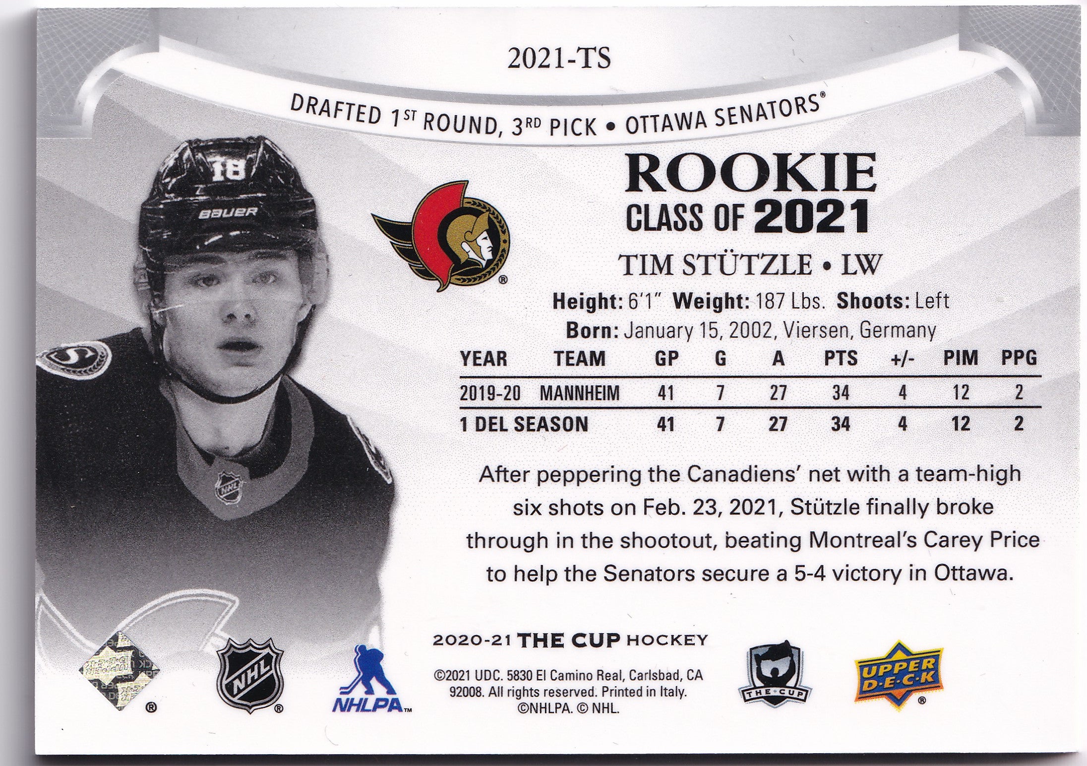Tim Stützle 2020-21 Upper Deck The Cup Rookie Class of 2021 /249 #2021-TS – 201/249