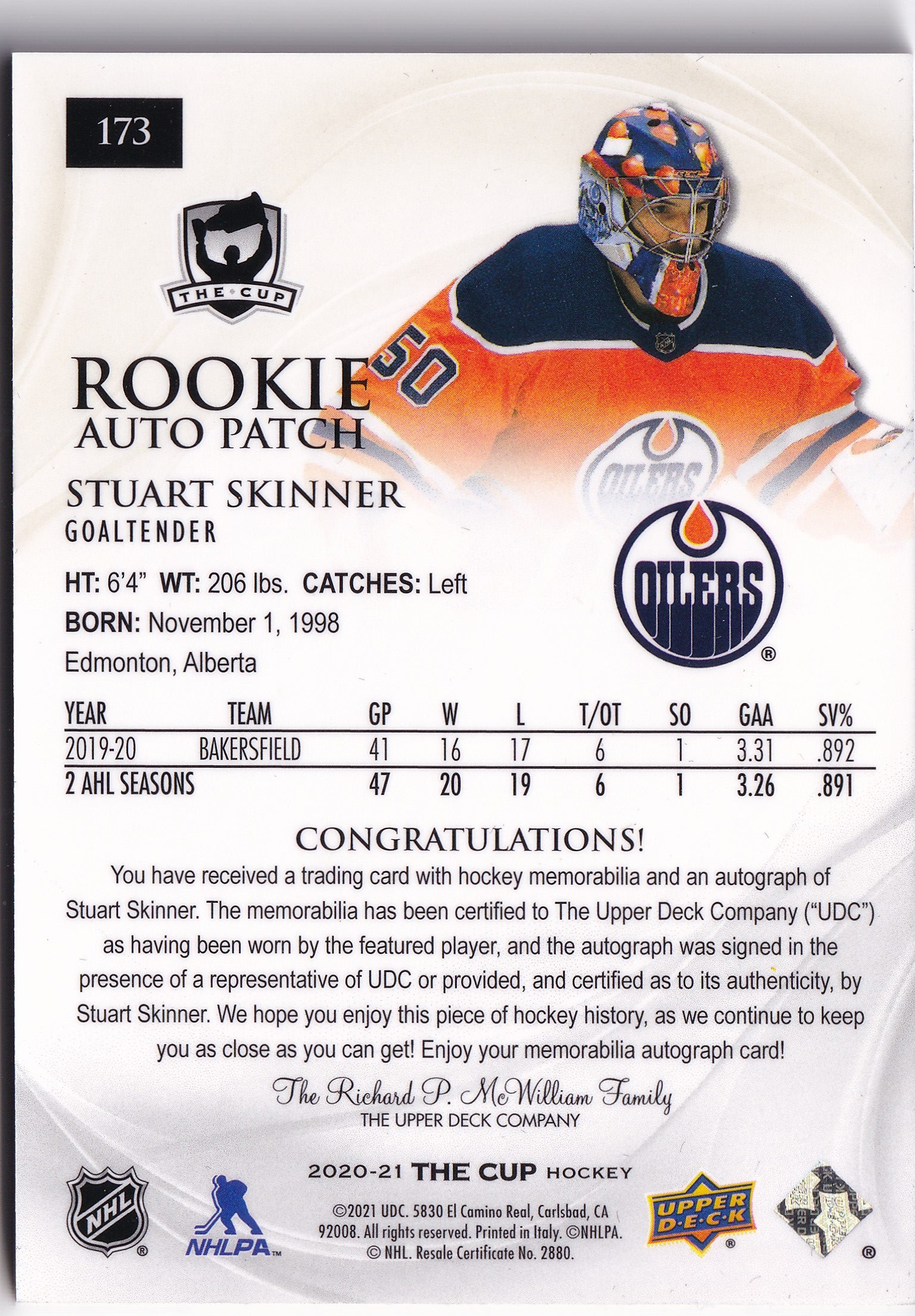 Stuart Skinner 2020-21 Upper Deck The Cup Gold Foil Rookie Auto Patch /24 #173 – 06/24