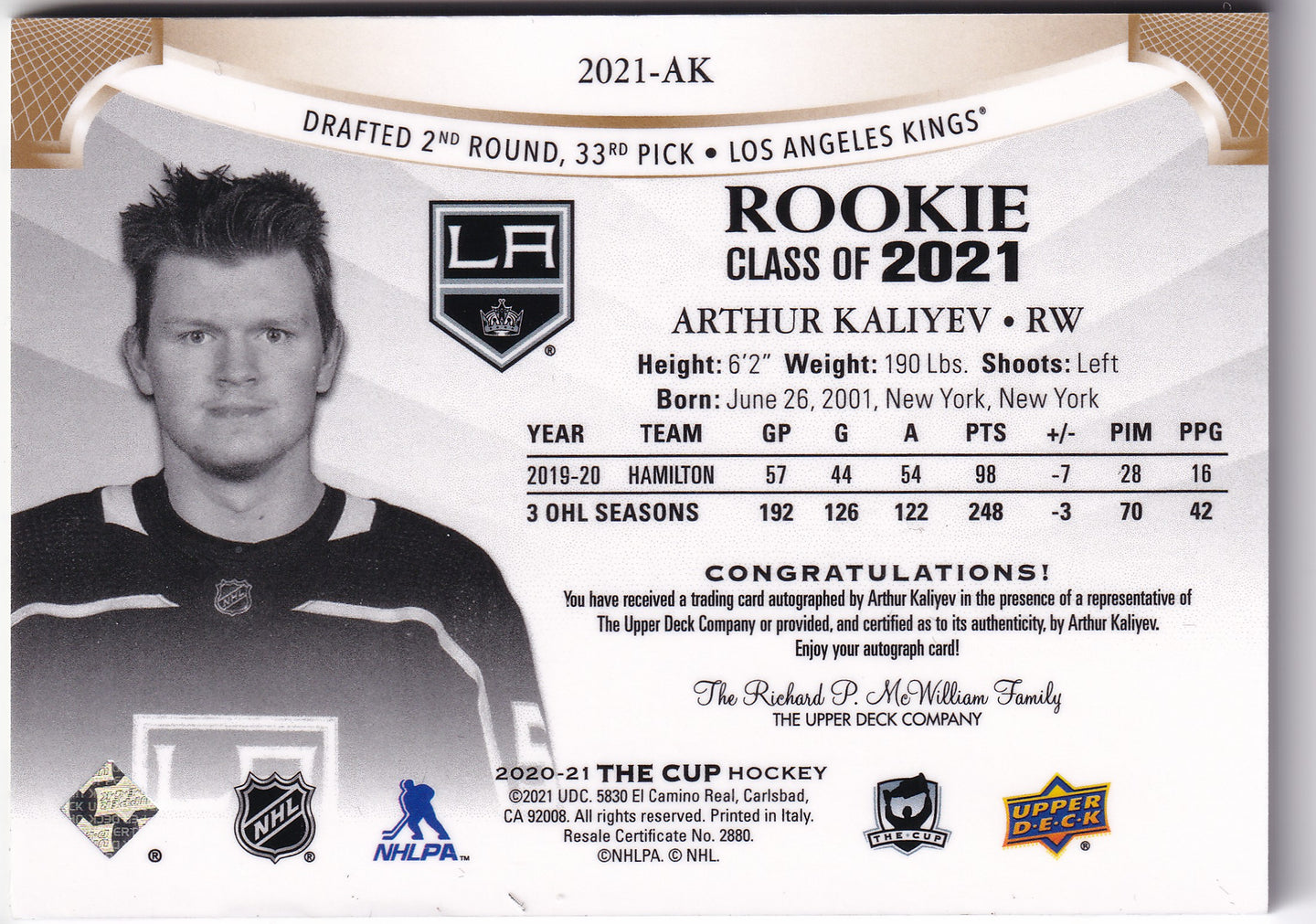 Arthur Kaliyev 2020-21 Upper Deck The Cup Rookie Class of 2021 Gold Foil Auto Inscription /50 #2021-AK – 25/50
