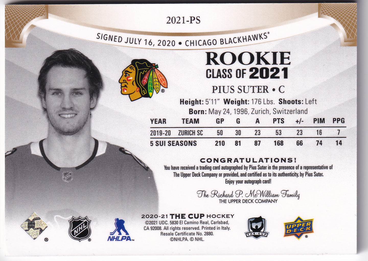 Pius Suter 2020-21 Upper Deck The Cup Rookie Class of 2021 Gold Foil Auto /50 #2021-PS – 34/50