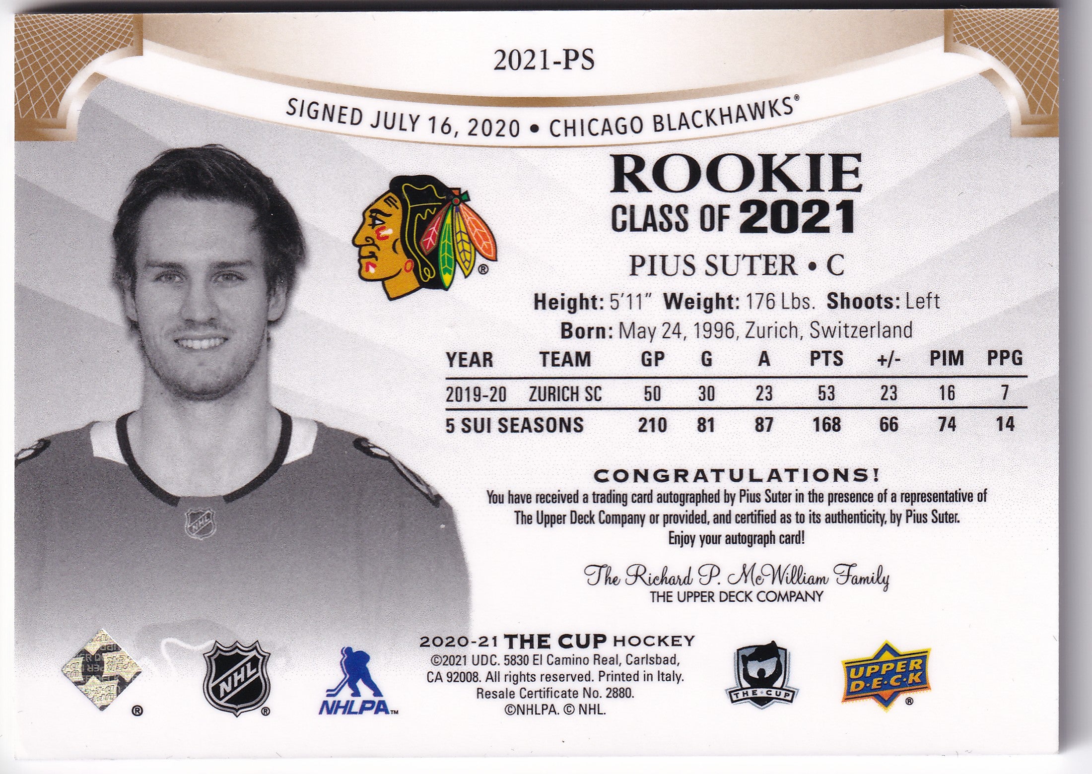 Pius Suter 2020-21 Upper Deck The Cup Rookie Class of 2021 Gold Foil Auto /50 #2021-PS – 34/50