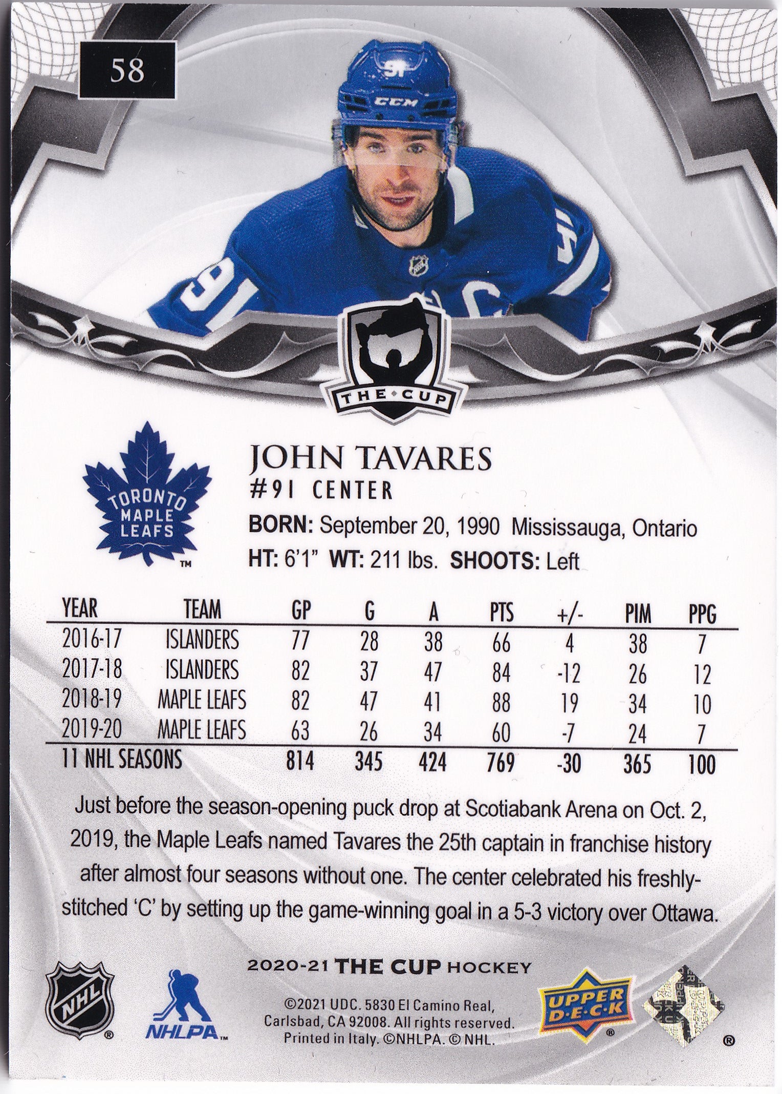 John Tavares 2020-21 Upper Deck The Cup /249 #58 – 174/249