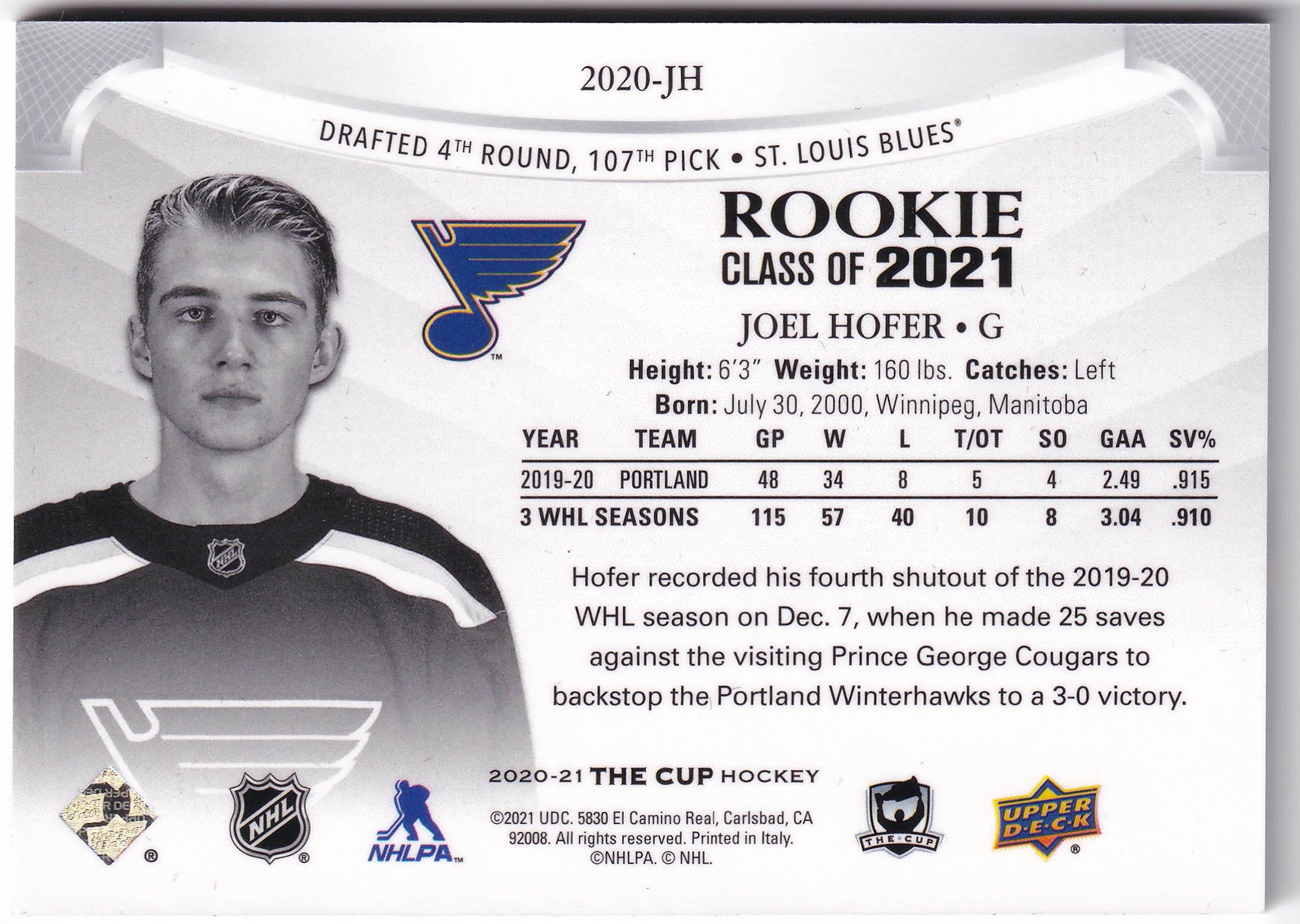Joel Hofer 2020-21 Upper Deck The Cup Rookie Class of 2021 /249 #2020-JH – 222/249