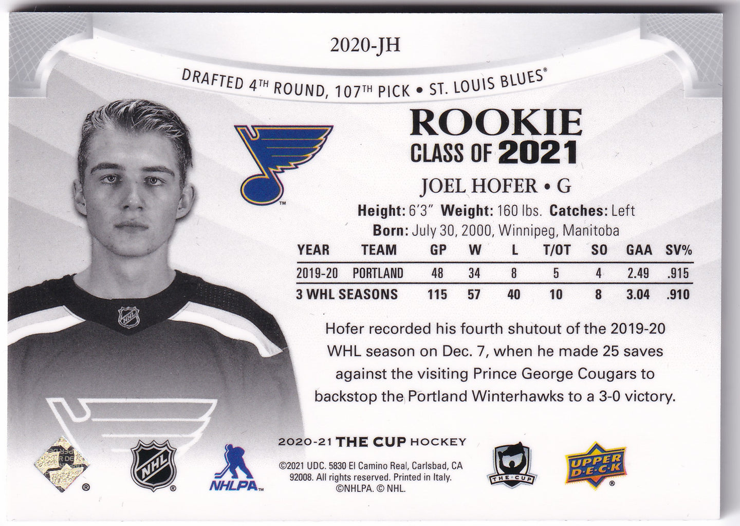 Joel Hofer 2020-21 Upper Deck The Cup Rookie Class of 2021 /249 #2020-JH – 222/249
