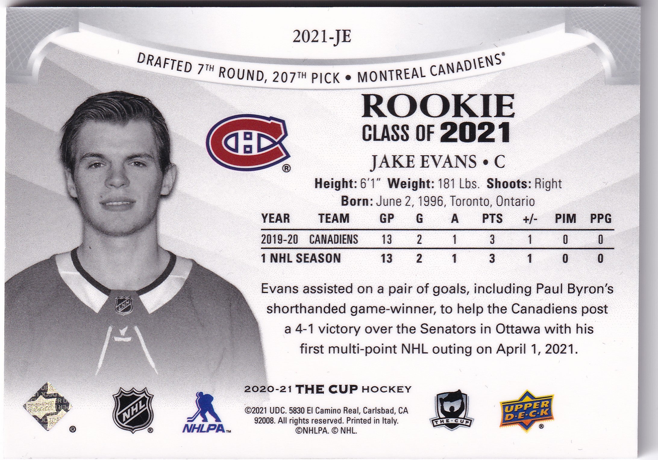 Jake Evans 2020-21 Upper Deck The Cup Rookie Class of 2021 /249 #2021-JE – 230/249