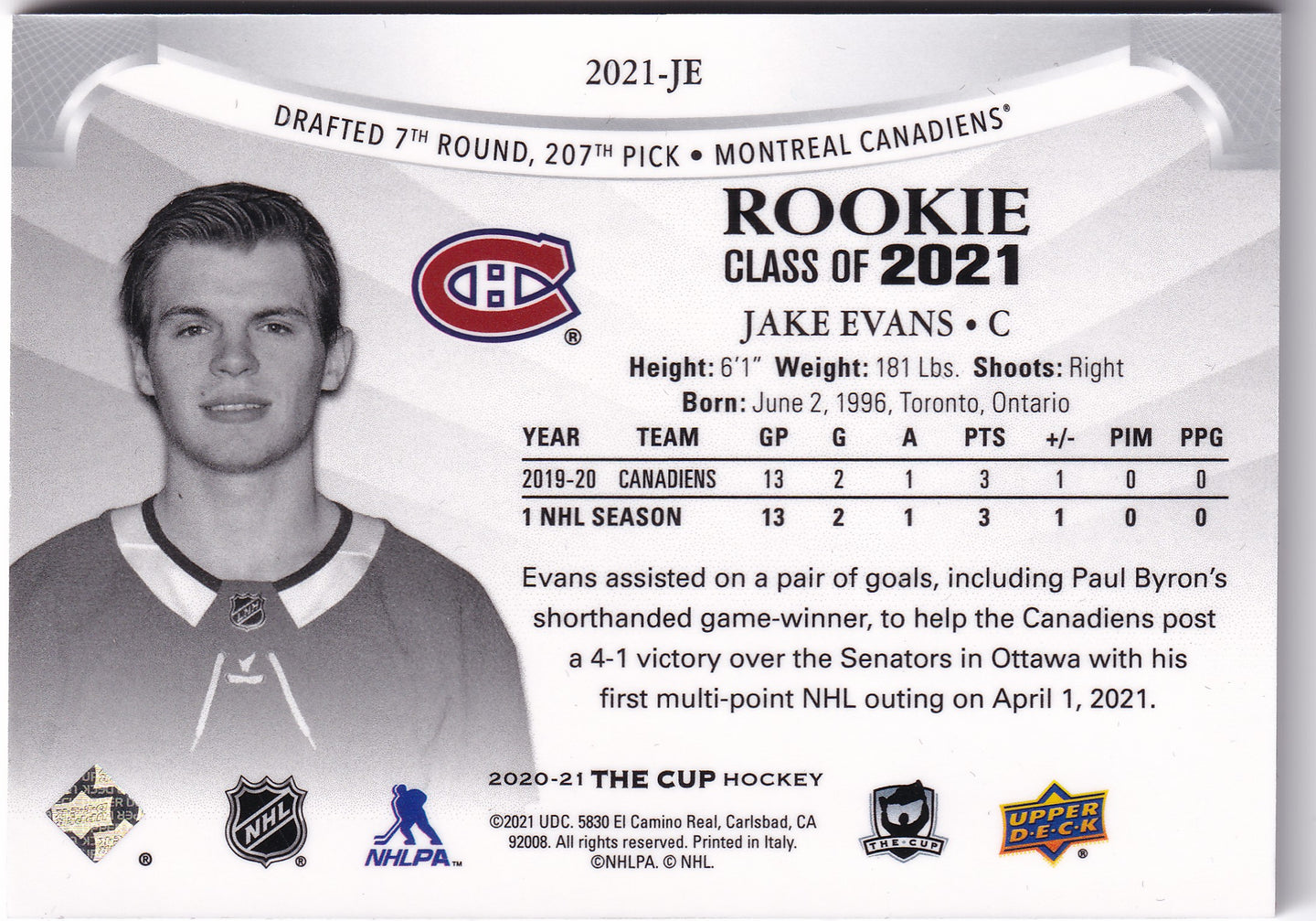 Jake Evans 2020-21 Upper Deck The Cup Rookie Class of 2021 /249 #2021-JE – 230/249