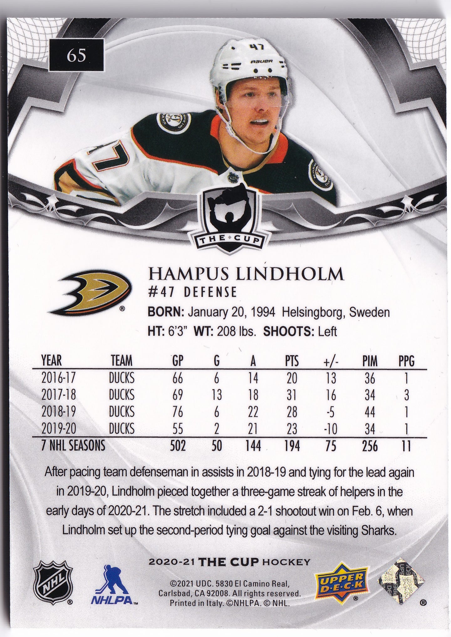 Hampus Lindholm 2020-21 Upper Deck The Cup /249 #65 – 142/249