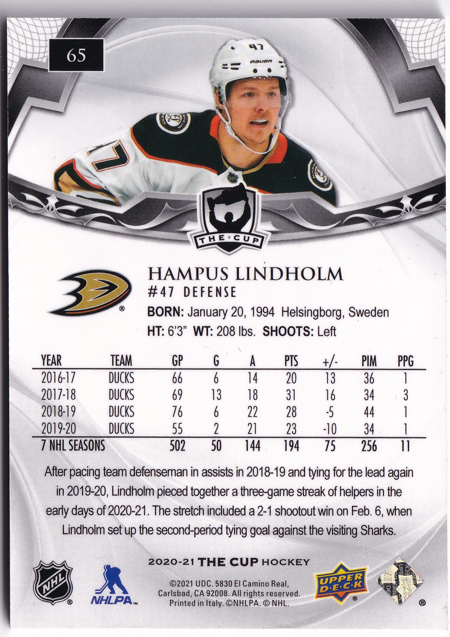 Hampus Lindholm 2020-21 Upper Deck The Cup /249 #65 – 142/249