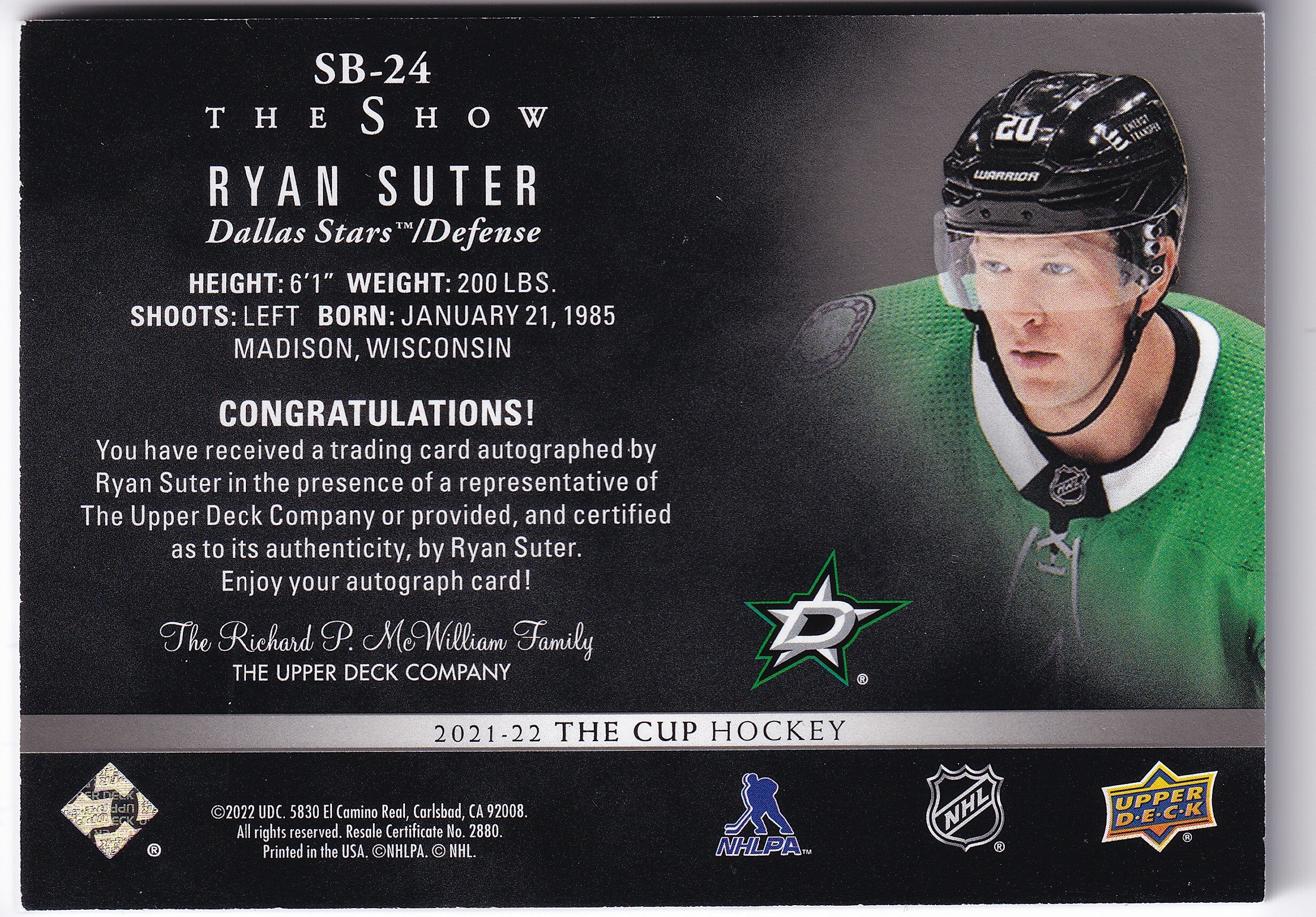 Ryan Suter 2021-22 Upper Deck The Cup The Show Black Autographs #SB-24