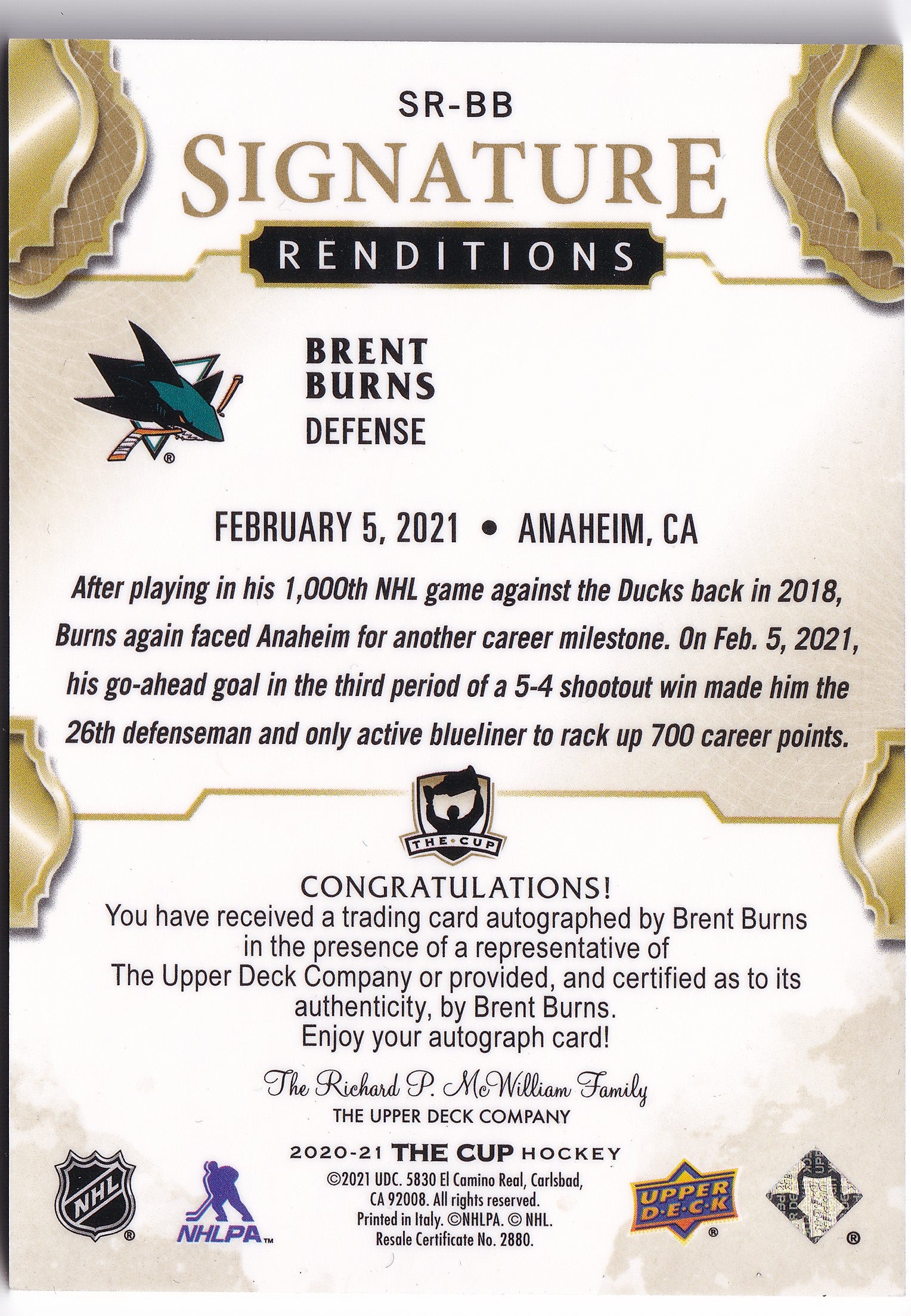 Brent Burns 2020-21 Upper Deck The Cup Signature Renditions Auto #SR-BB