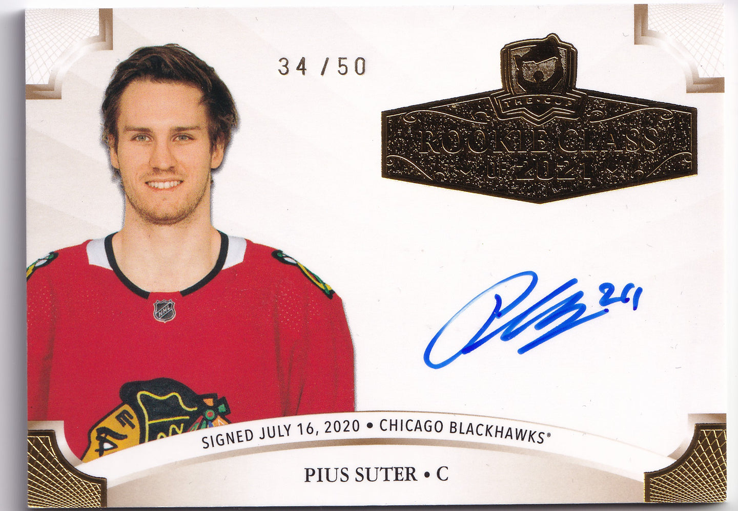 Pius Suter 2020-21 Upper Deck The Cup Rookie Class of 2021 Gold Foil Auto /50 #2021-PS – 34/50