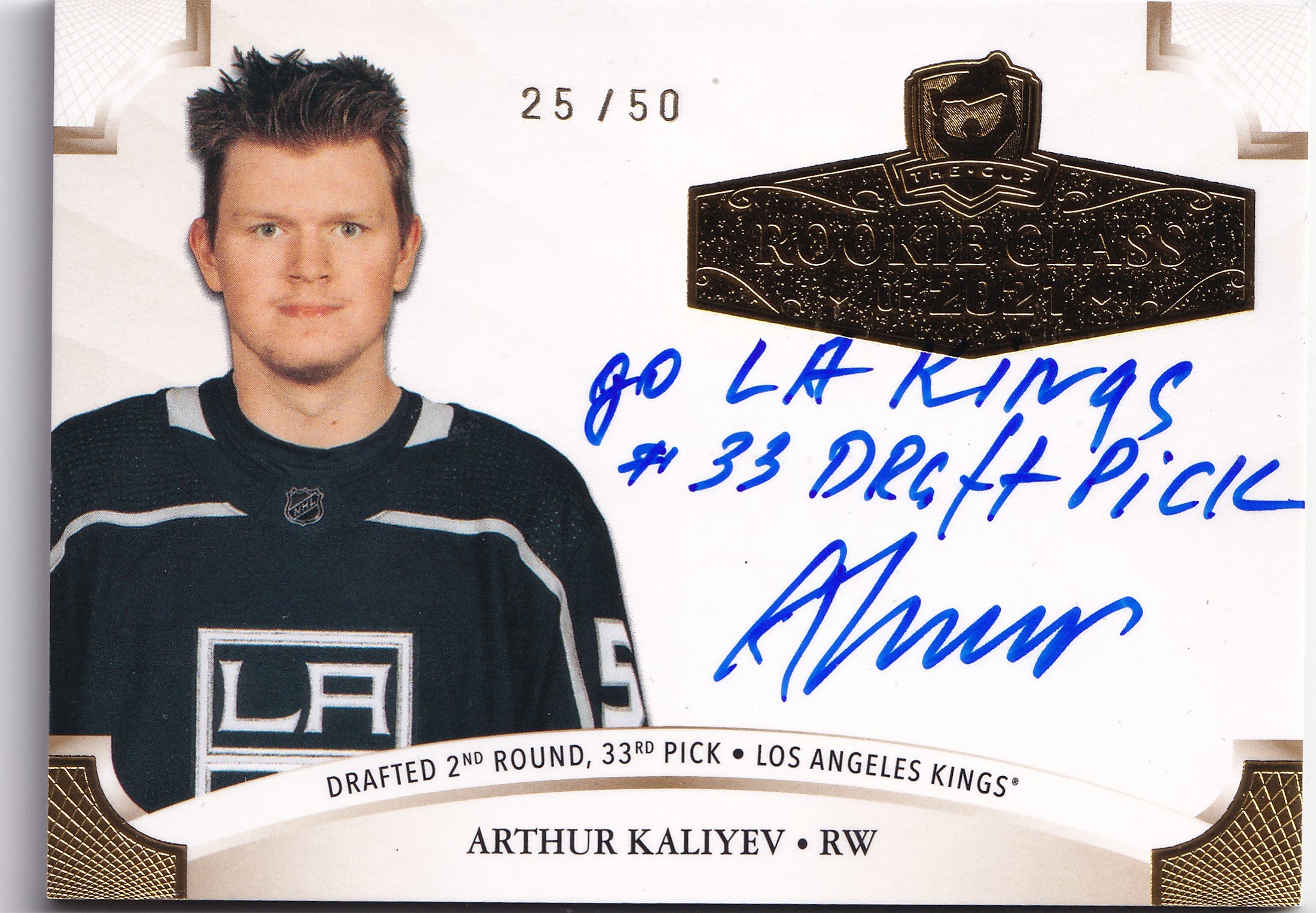 Arthur Kaliyev 2020-21 Upper Deck The Cup Rookie Class of 2021 Gold Foil Auto Inscription /50 #2021-AK – 25/50