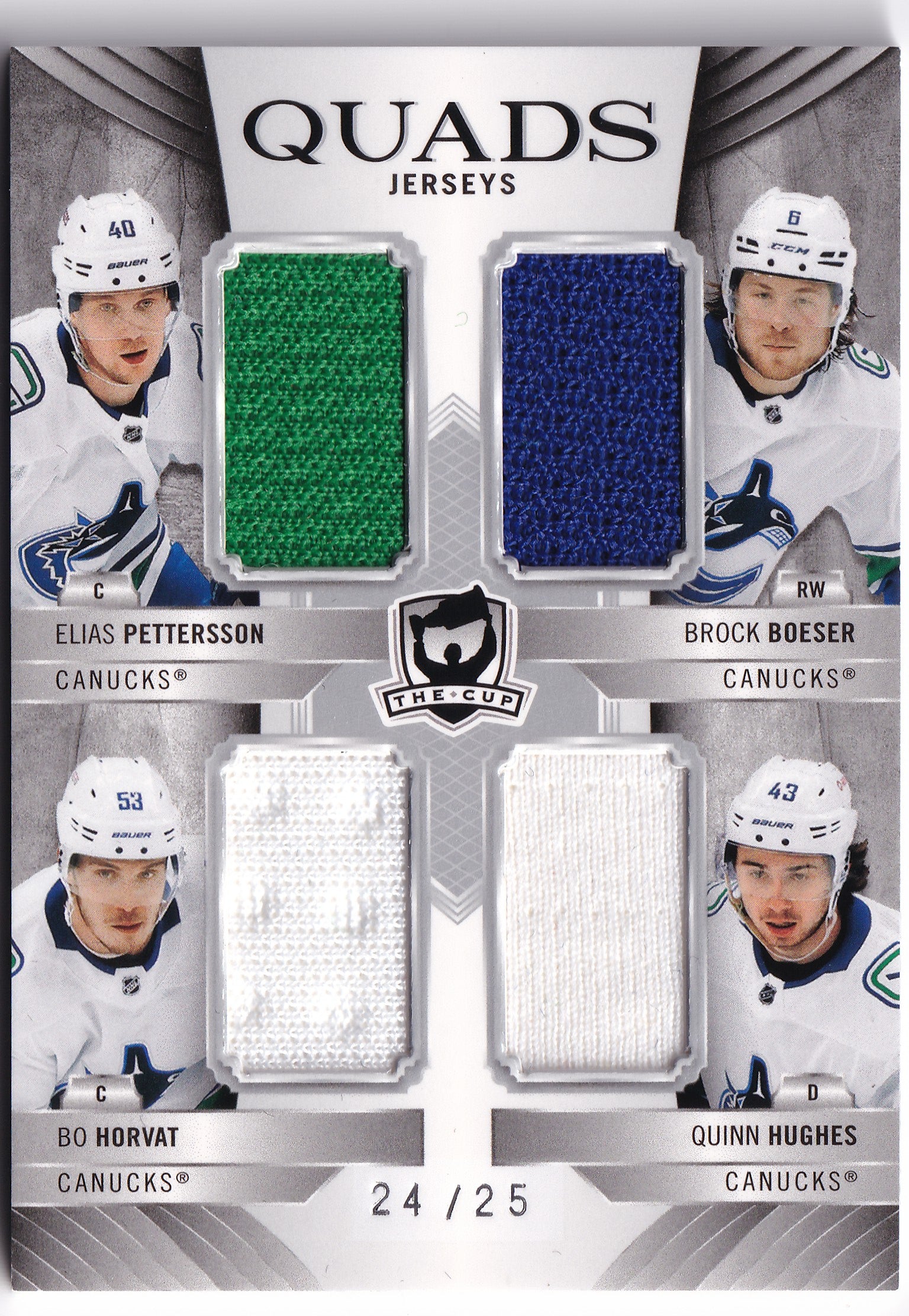Elias Pettersson, Brock Boeser, Bo Horvat & Quinn Hughes 2020-21 Upper Deck The Cup Quads Jerseys /25 #C4-HBPH – 24/25