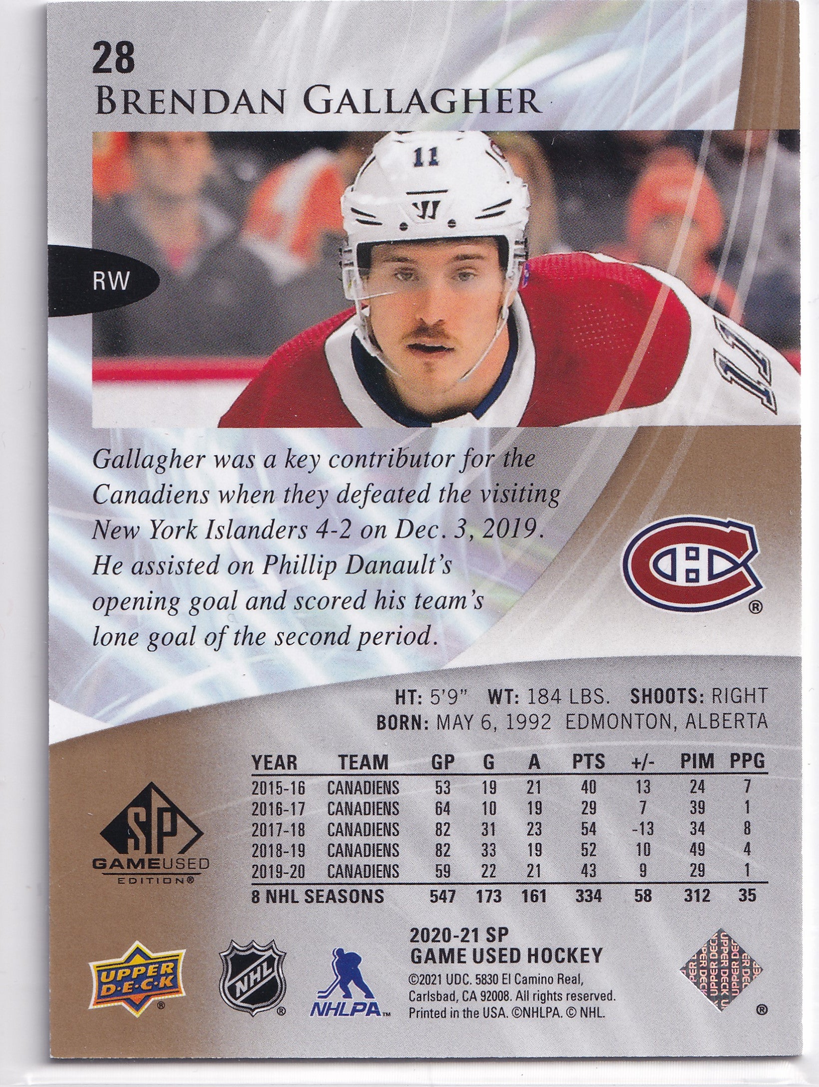Brendan Gallagher – 2020-21 SP Game Used Golden Burst #28 /265 – 004/265