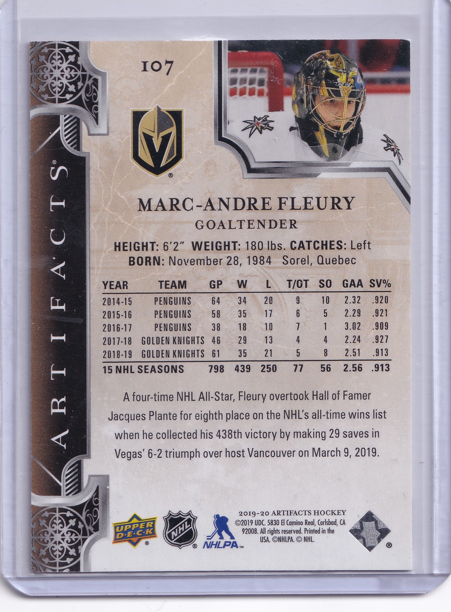 Marc-André Fleury – 2019-20 Upper Deck Artifacts Ruby #107 /399 – 303/399