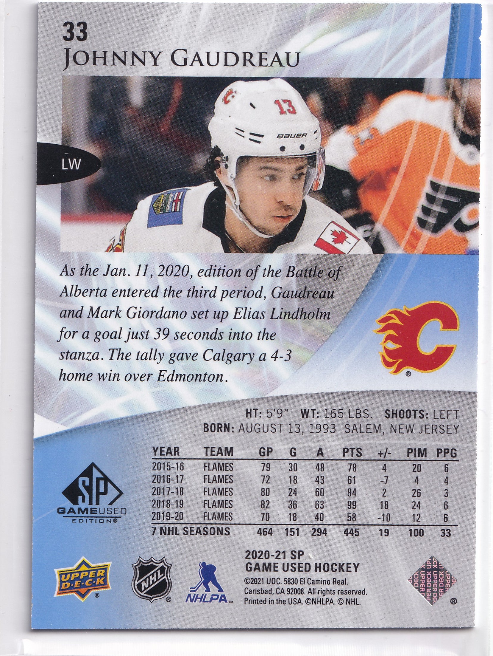 Johnny Gaudreau – 2020-21 SP Game Used Blue Burst #33 /165 – 127/165