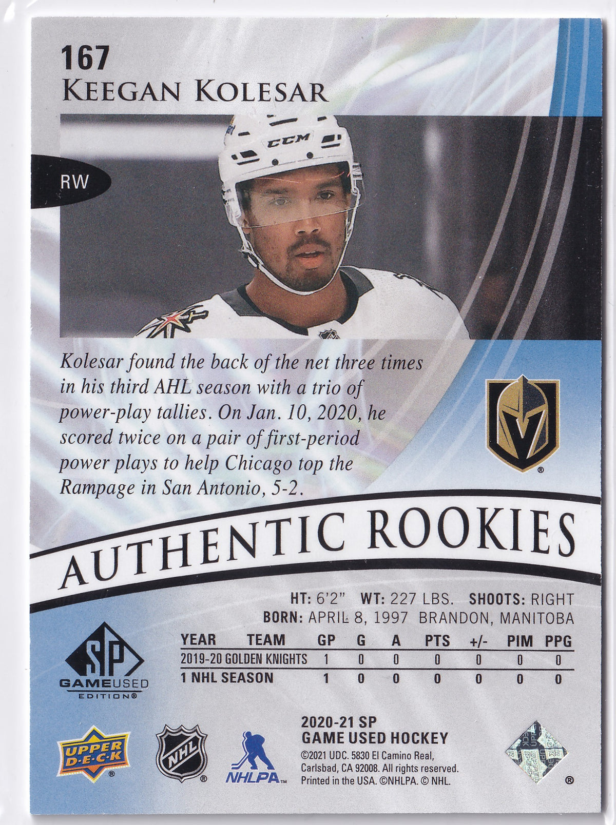 Keegan Kolesar – 2020-21 SP Game Used Authentic Rookies Blue Burst #167 /199 RC