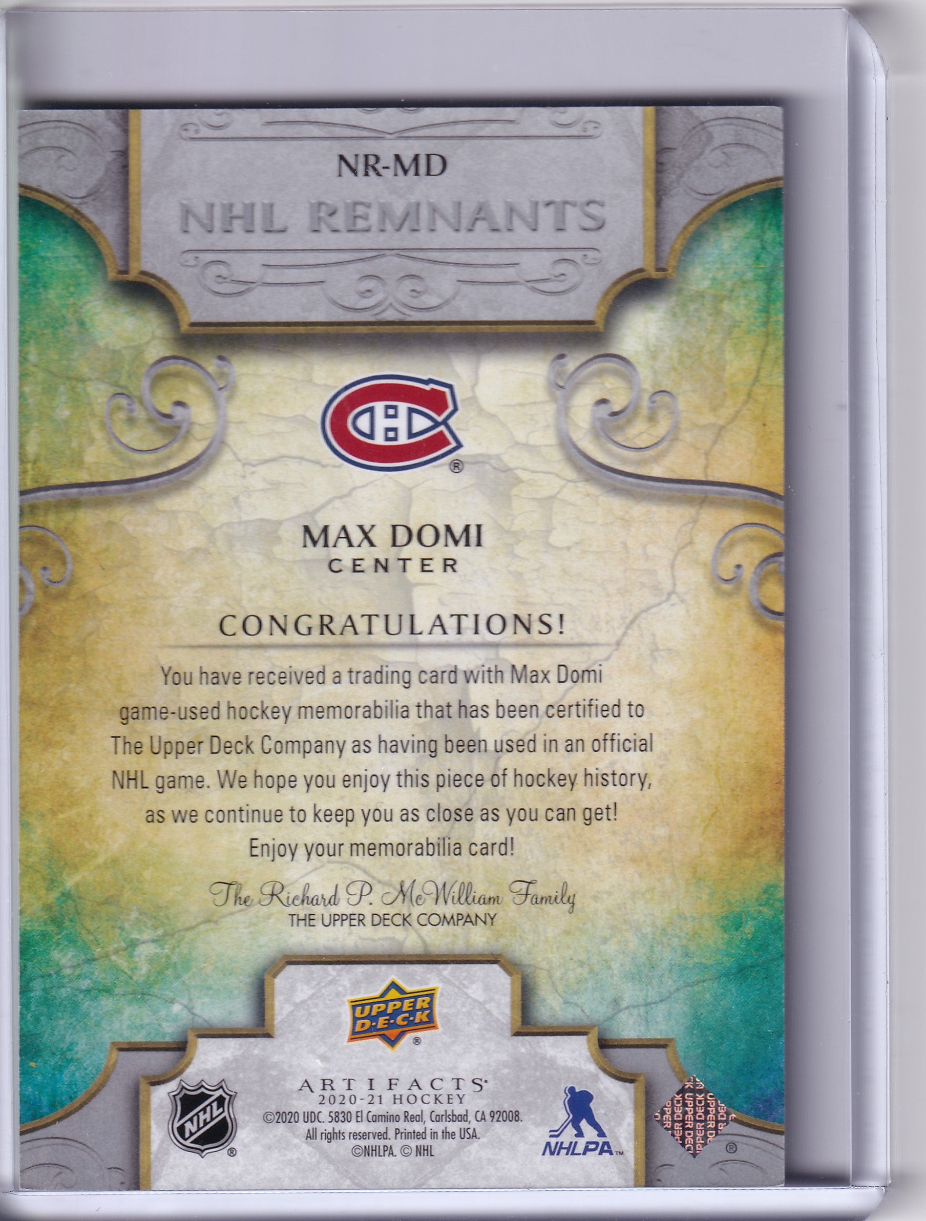 Max Domi – 2020-21 Upper Deck Artifacts NHL Remnants Jersey #NR-MD