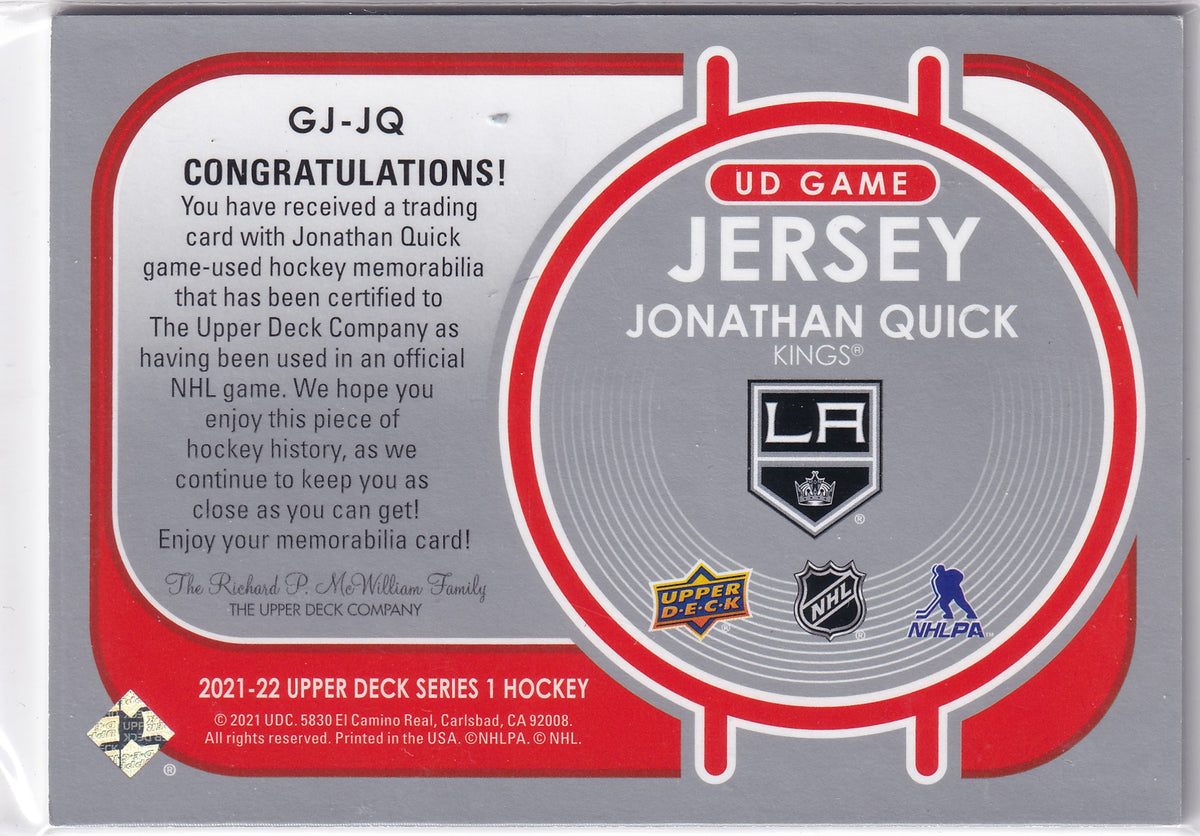 Jonathan Quick – 2021-22 Upper Deck UD Game Jersey – #GJ-JQ